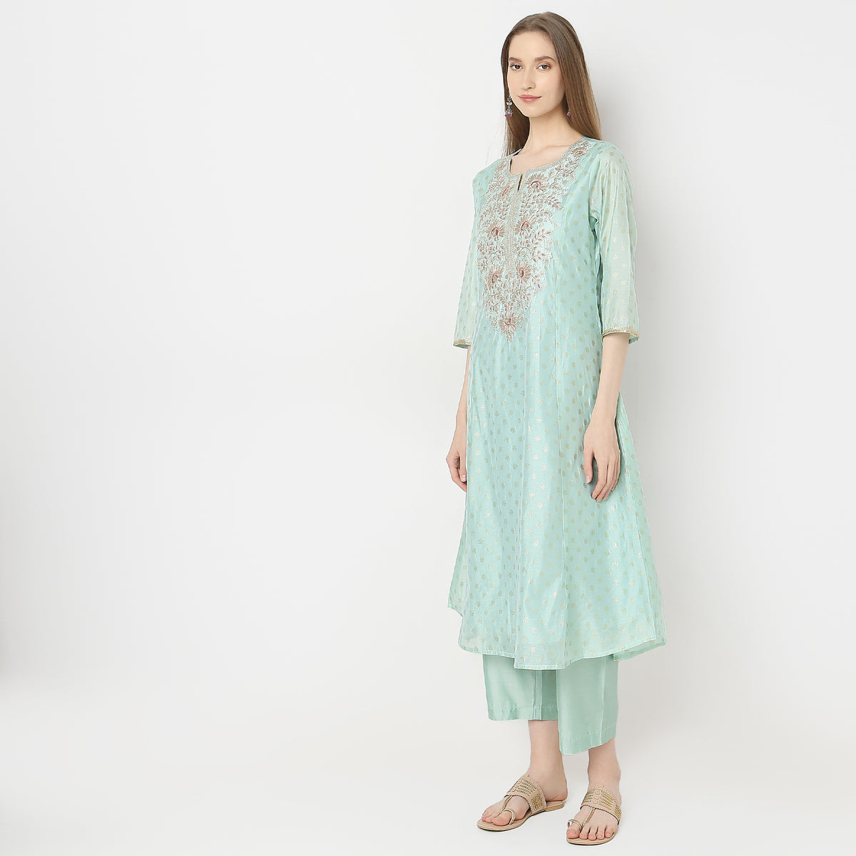 Flare Fit Embroidered Kurta with Pant & with Dupatta Set