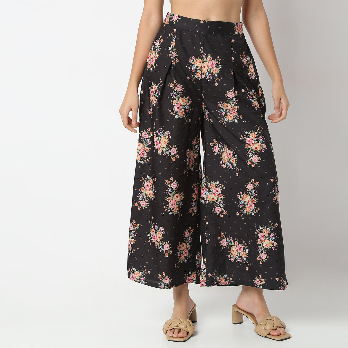 Flare Fit Printed Square Neck Crop Top and Palazzo with Cape Set