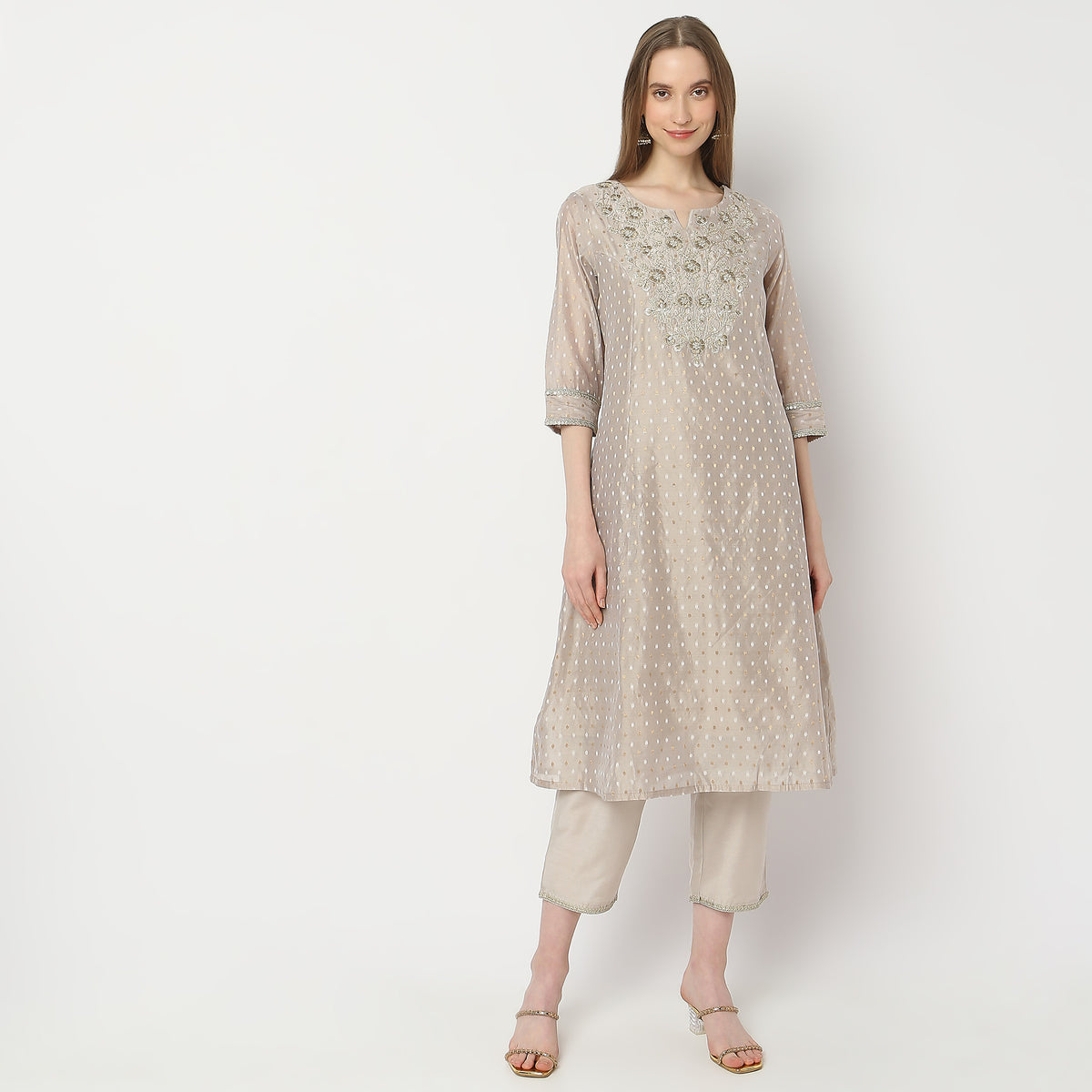 Flare Fit Embroidered Kurta and Pant with Dupatta Set