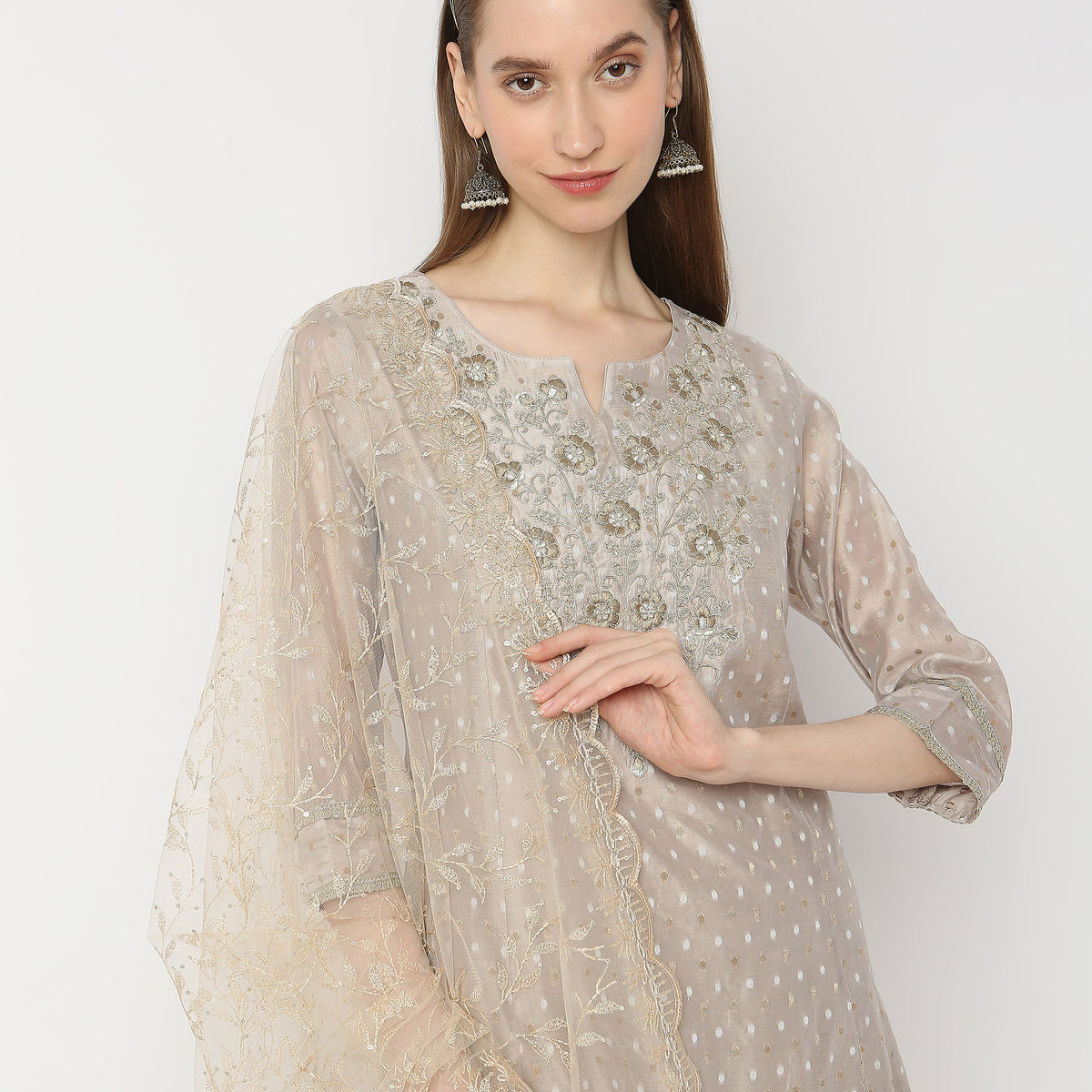 Flare Fit Embroidered Kurta and Pant with Dupatta Set