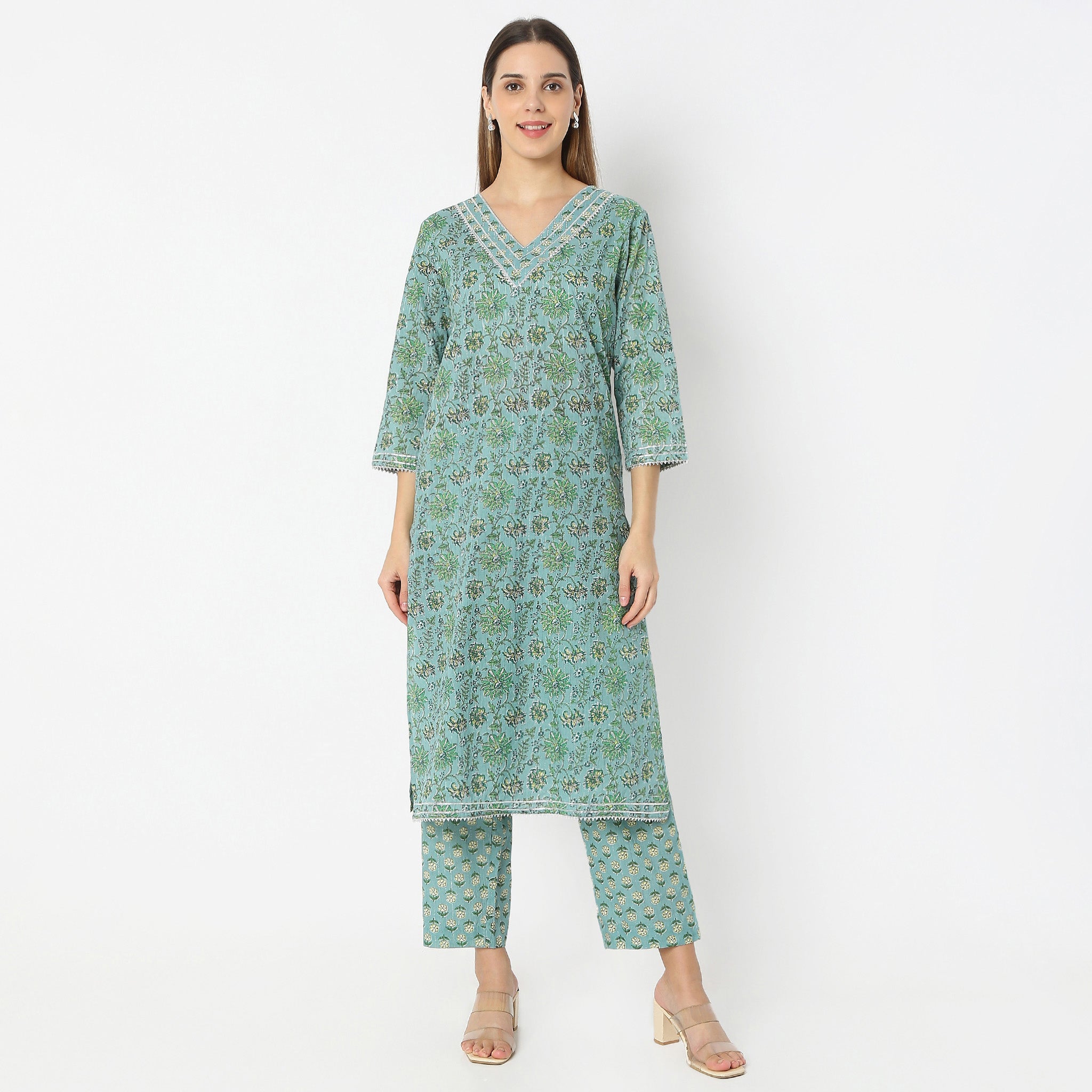Printed V-Neck Handcrafted Elegance Flare Fit Kurta and Pant with Dupatta Set