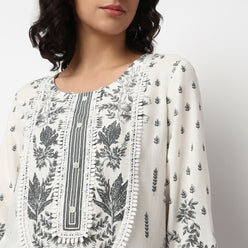 Buy Women Flare Fit Printed Three-Fourth Sleeve Kurta and Pant with Dupatta Set  - Style Union