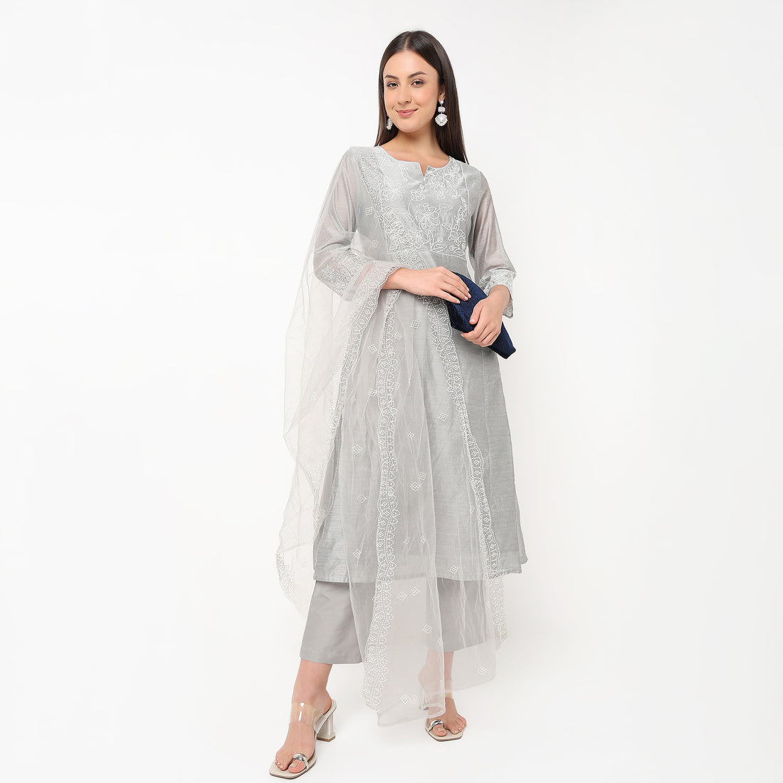 Flare Fit Embroidered Kurta and Pant with Dupatta Set