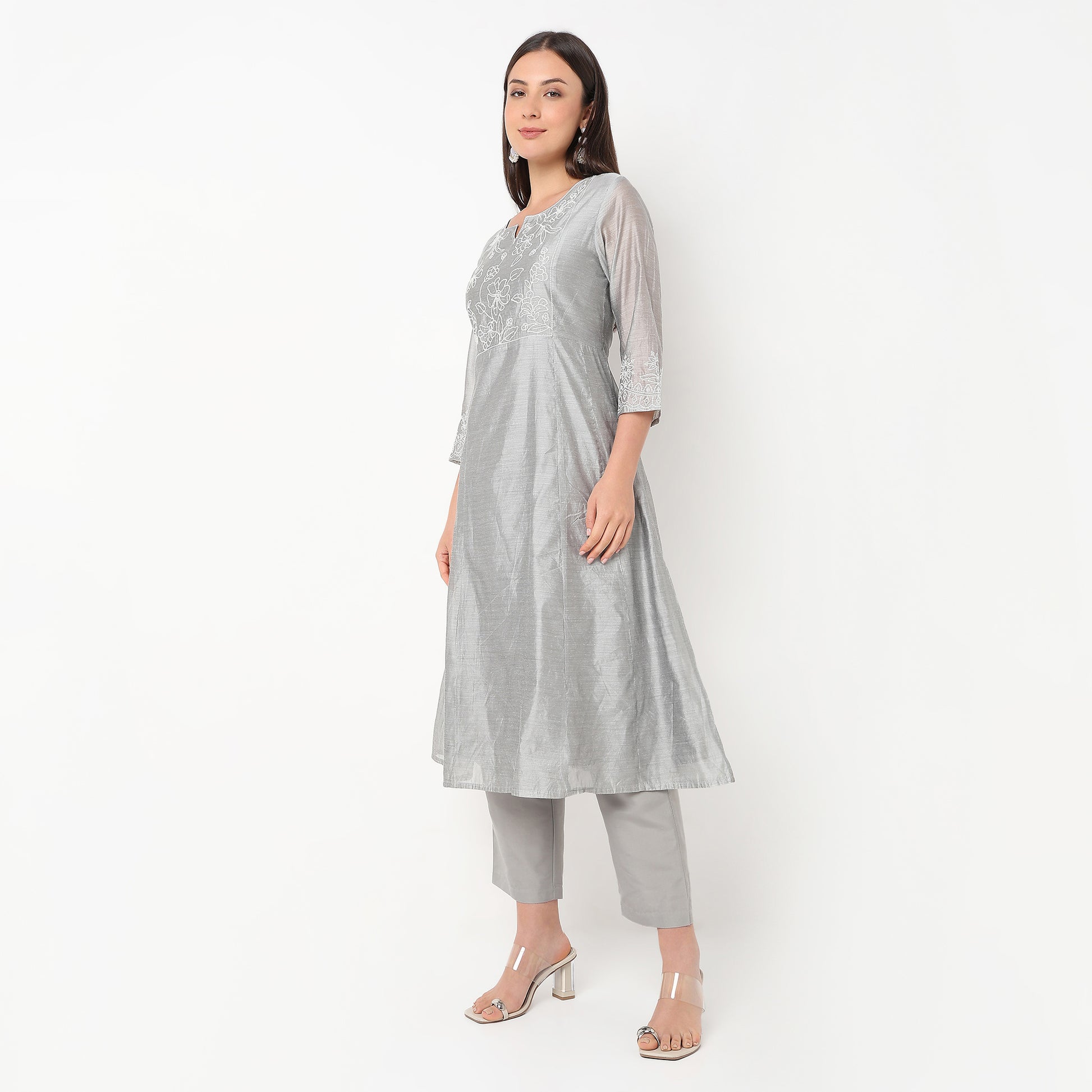 Flare Fit Embroidered Kurta and Pant with Dupatta Set