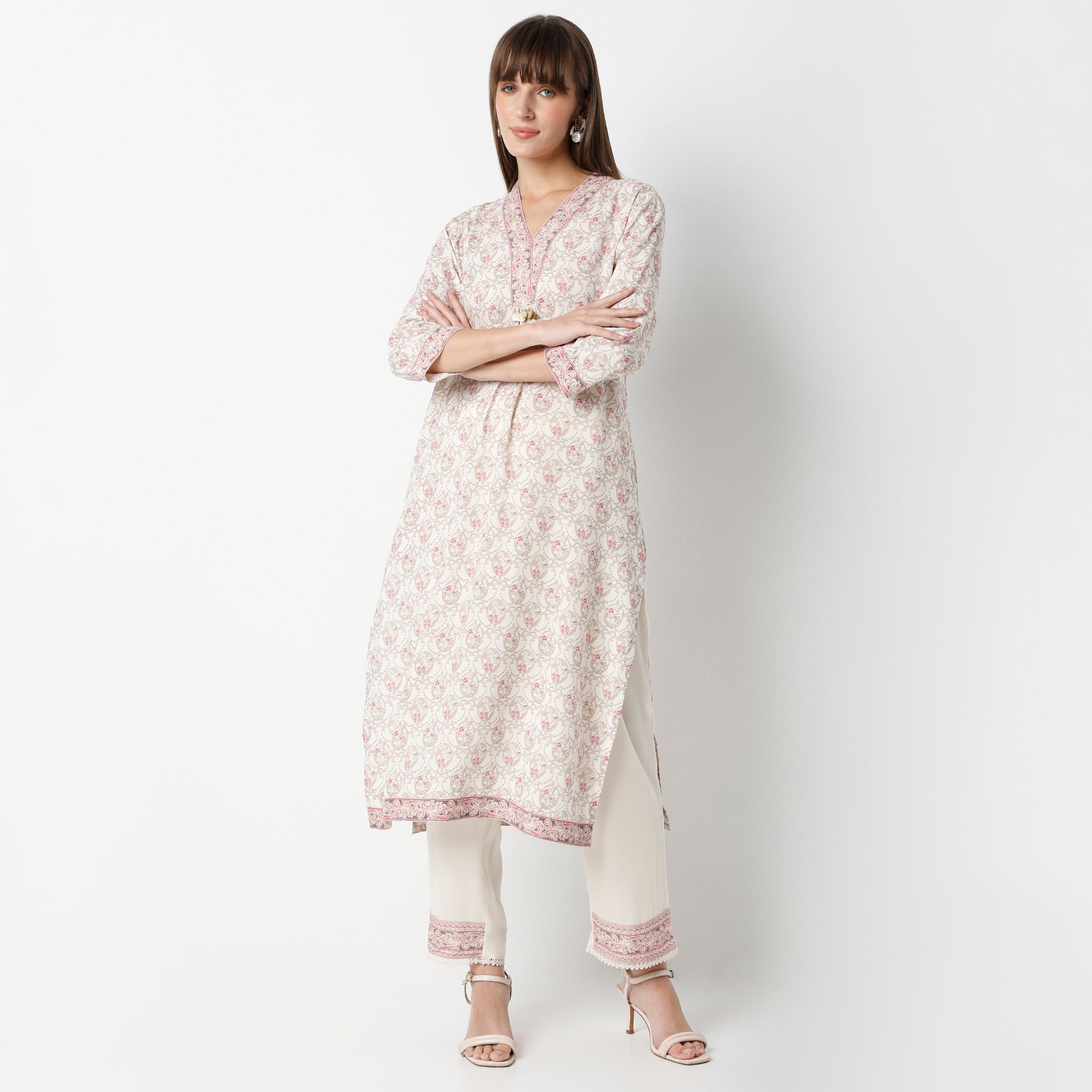 Flare Fit Printed Round Neck Kurta and Pant with Dupatta Set