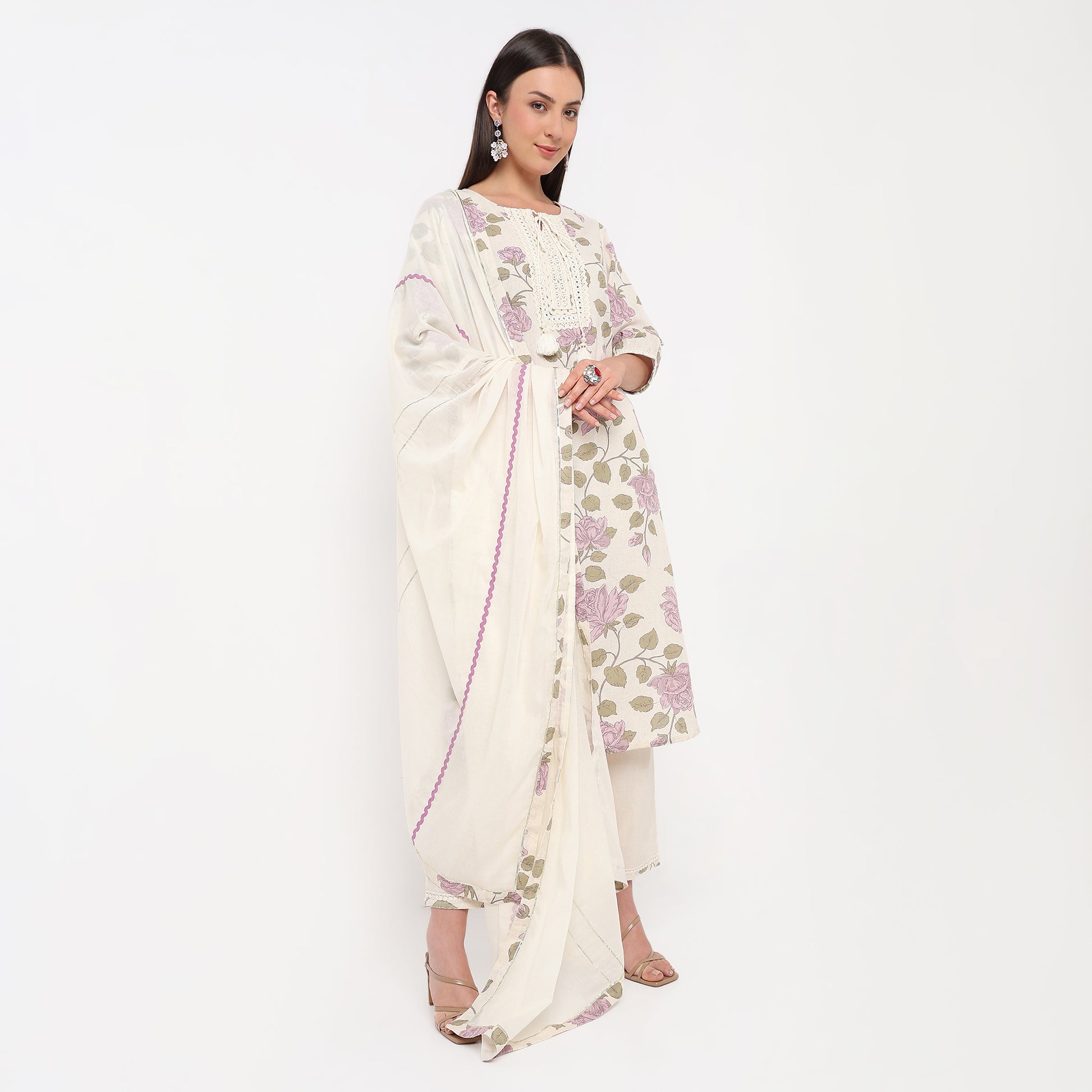 Floral Print Round Neck Kurta with Pant Set