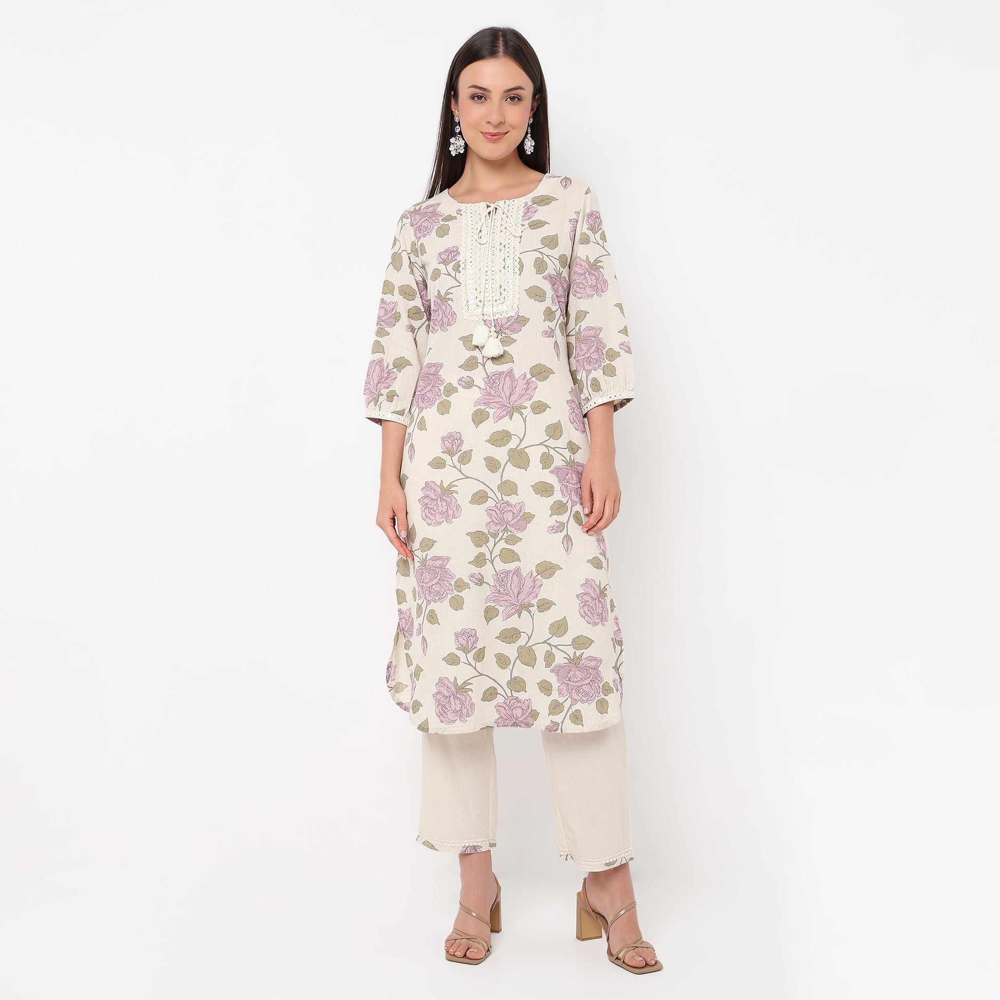 Floral Print Round Neck Kurta with Pant Set