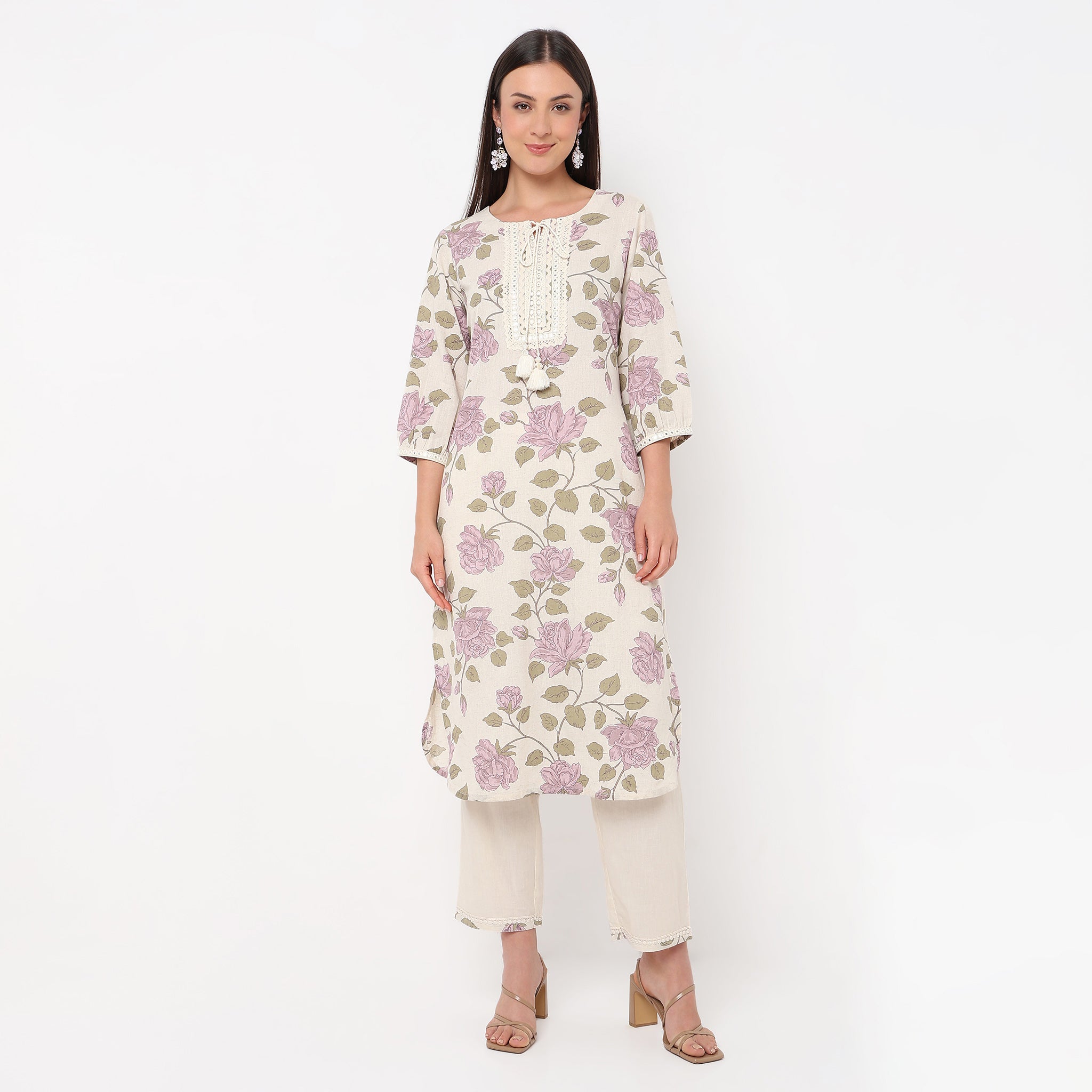 Floral Print Round Neck Kurta with Pant Set