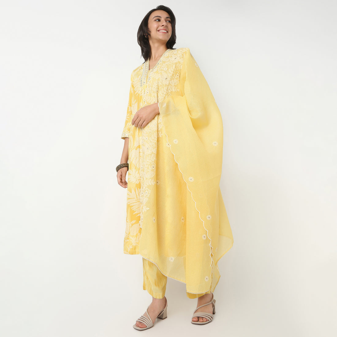 Flare Fit Printed V-Neck Kurta and Pant with Dupatta Set