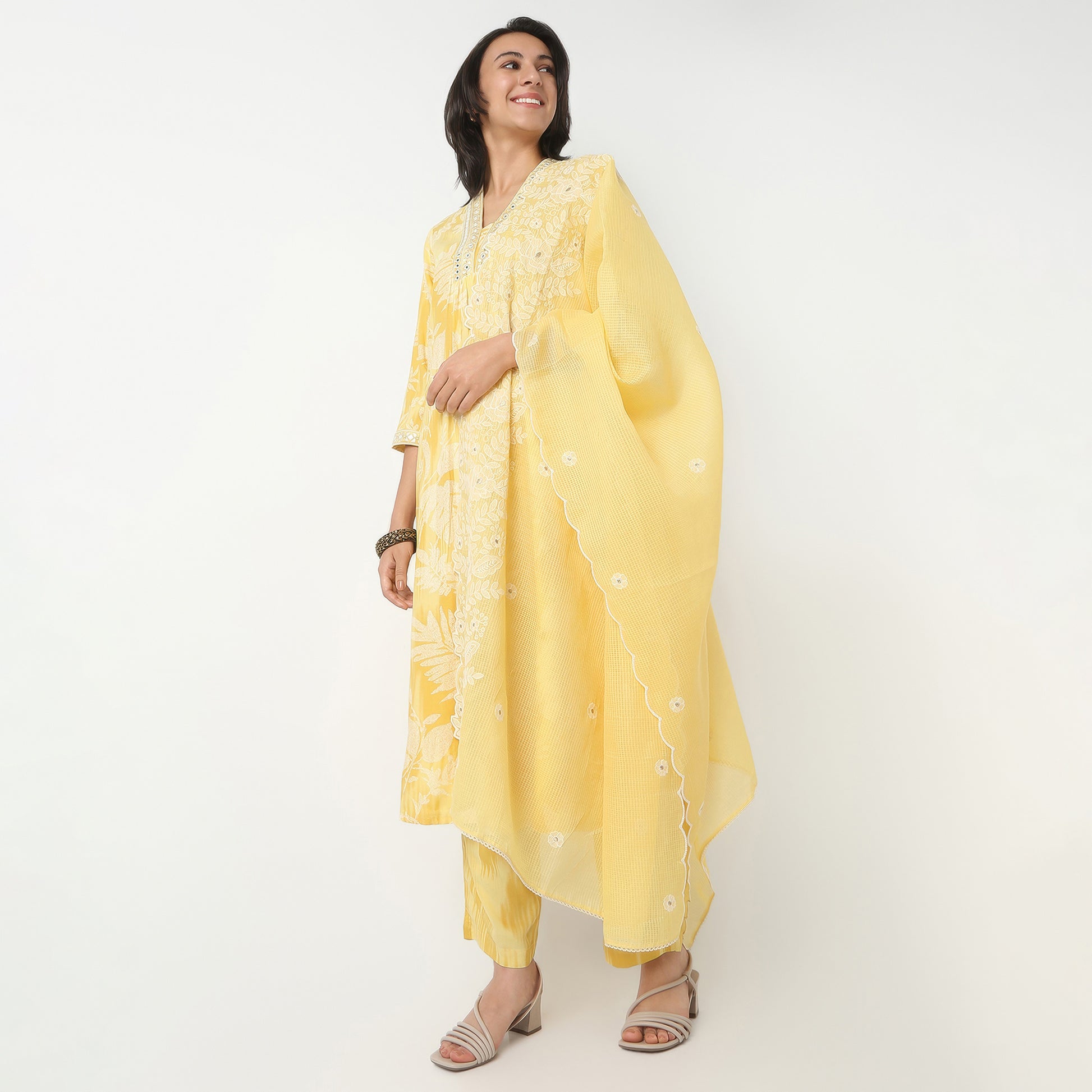 Flare Fit Printed V-Neck Kurta and Pant with Dupatta Set