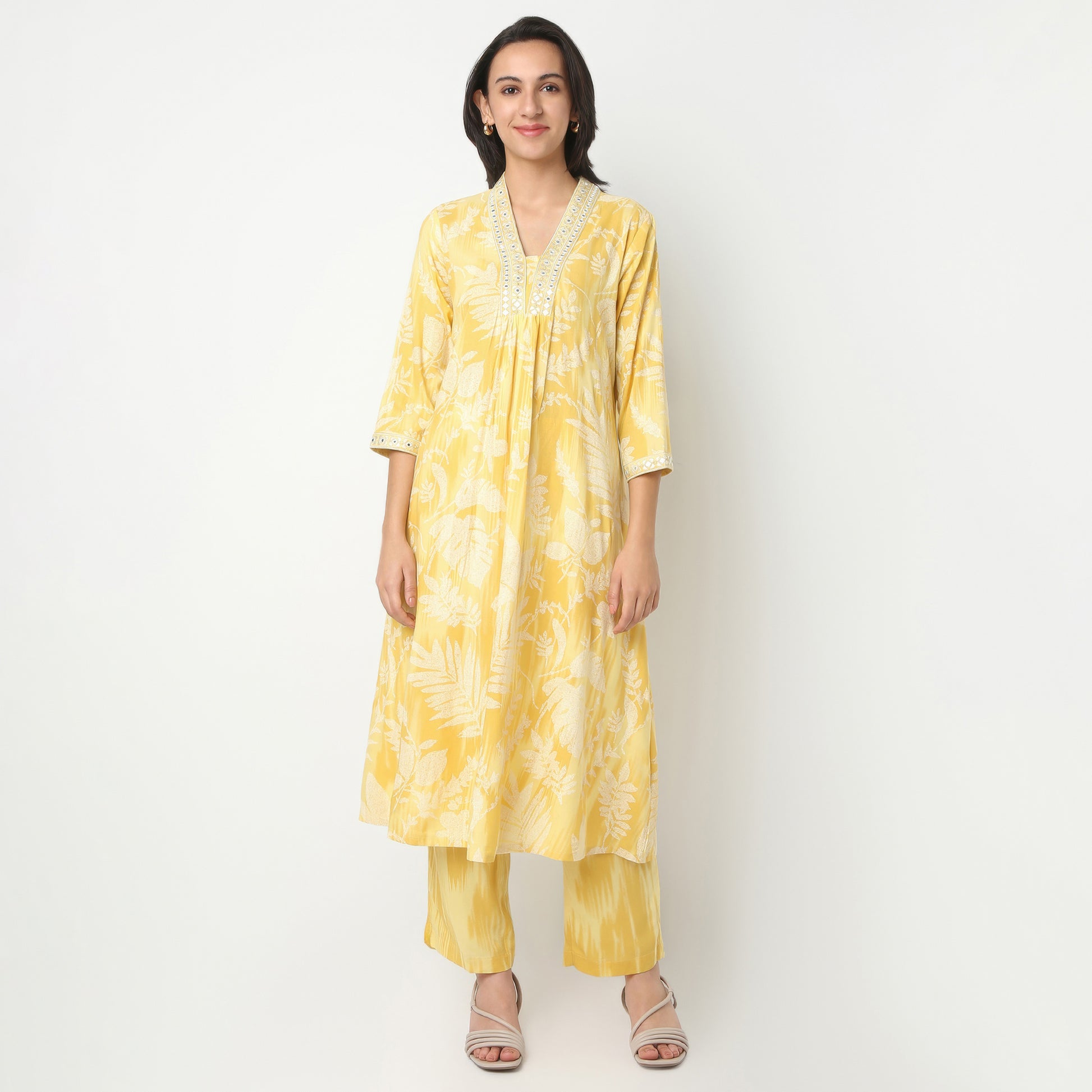 Flare Fit Printed V-Neck Kurta and Pant with Dupatta Set