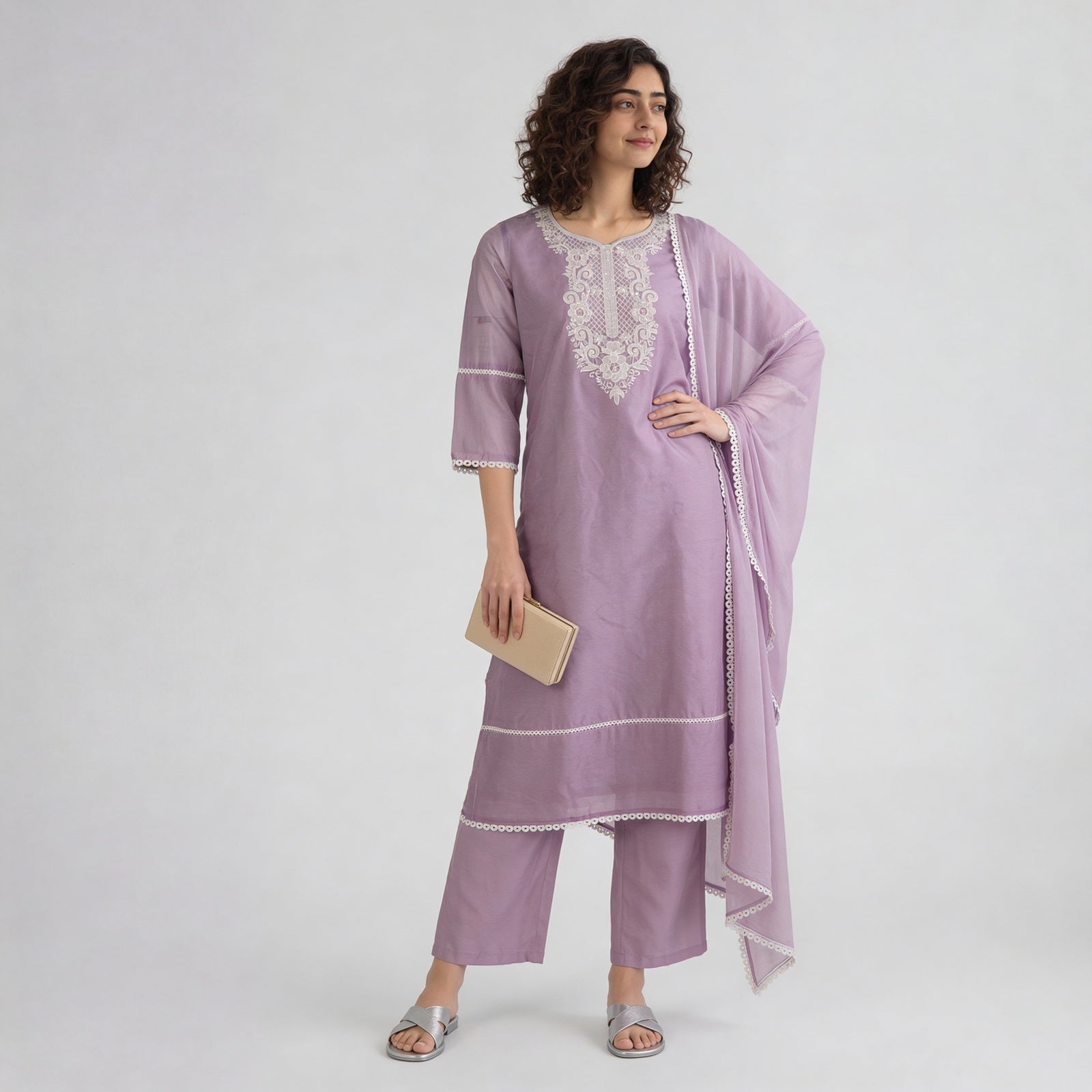Embroidered Straight Kurta with Pant & Dupatta Set