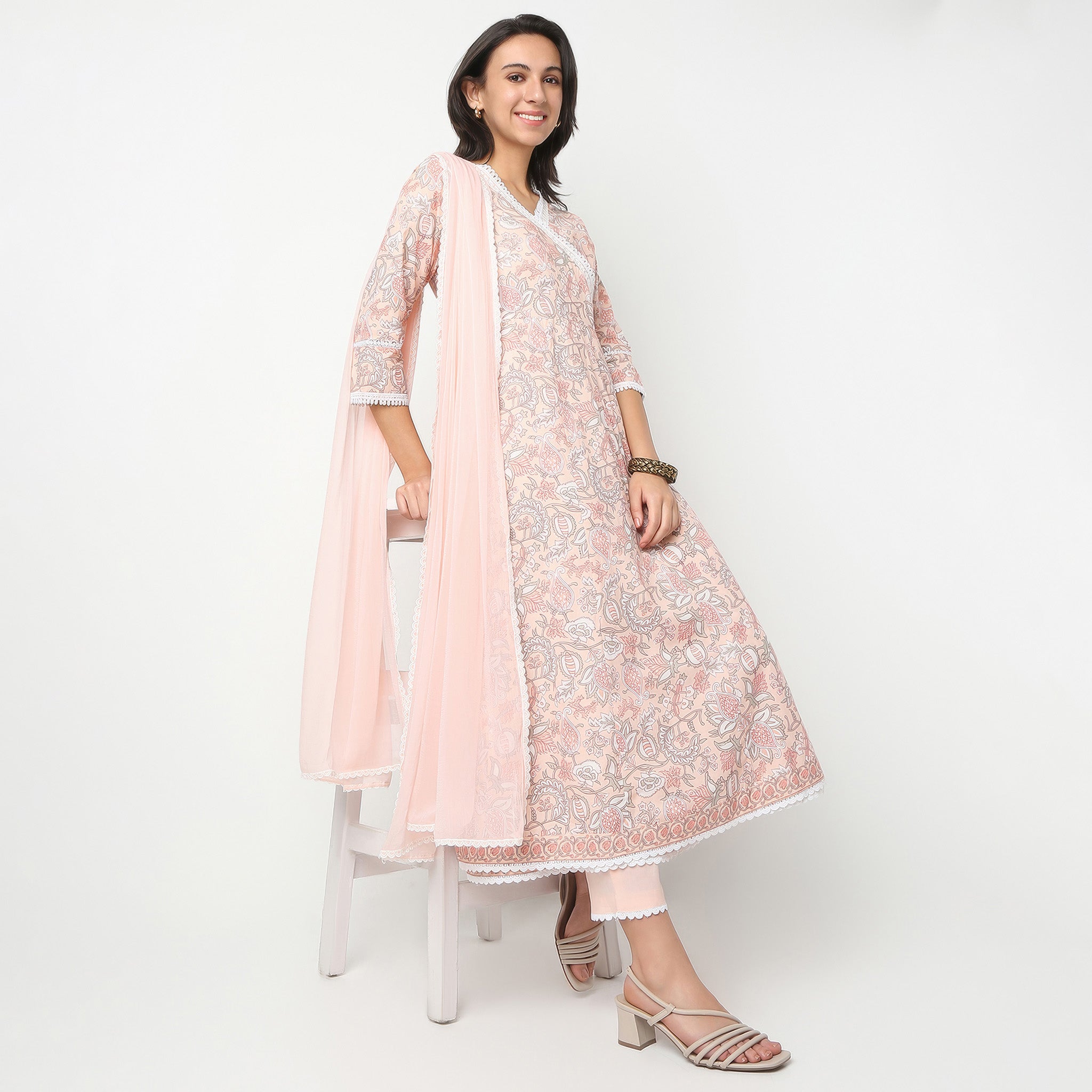 Flare Fit Printed V-Neck Kurta and Pant with Dupatta Set