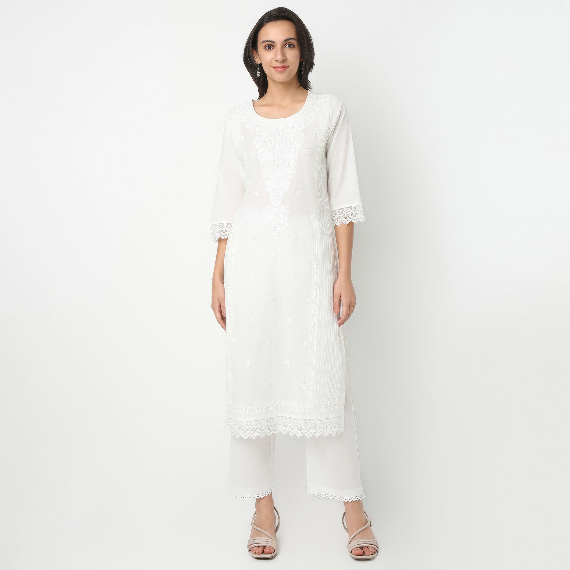 Straight Fit Embroidered Round Neck Kurta and Pant with Dupatta Set