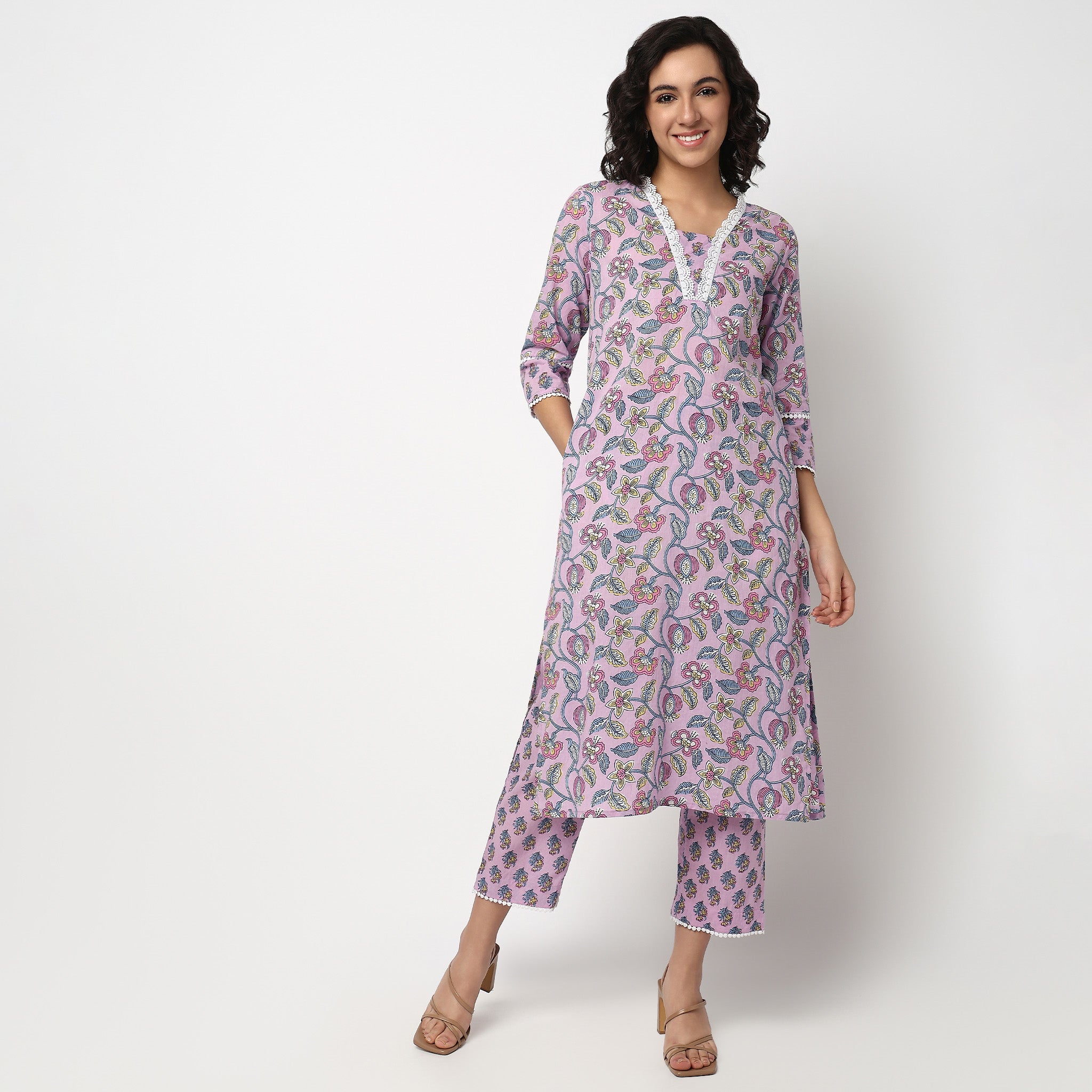 Buy Women Flare Fit Printed Three-Fourth Sleeve Kurta and Pant with Dupatta Set  - Style Union