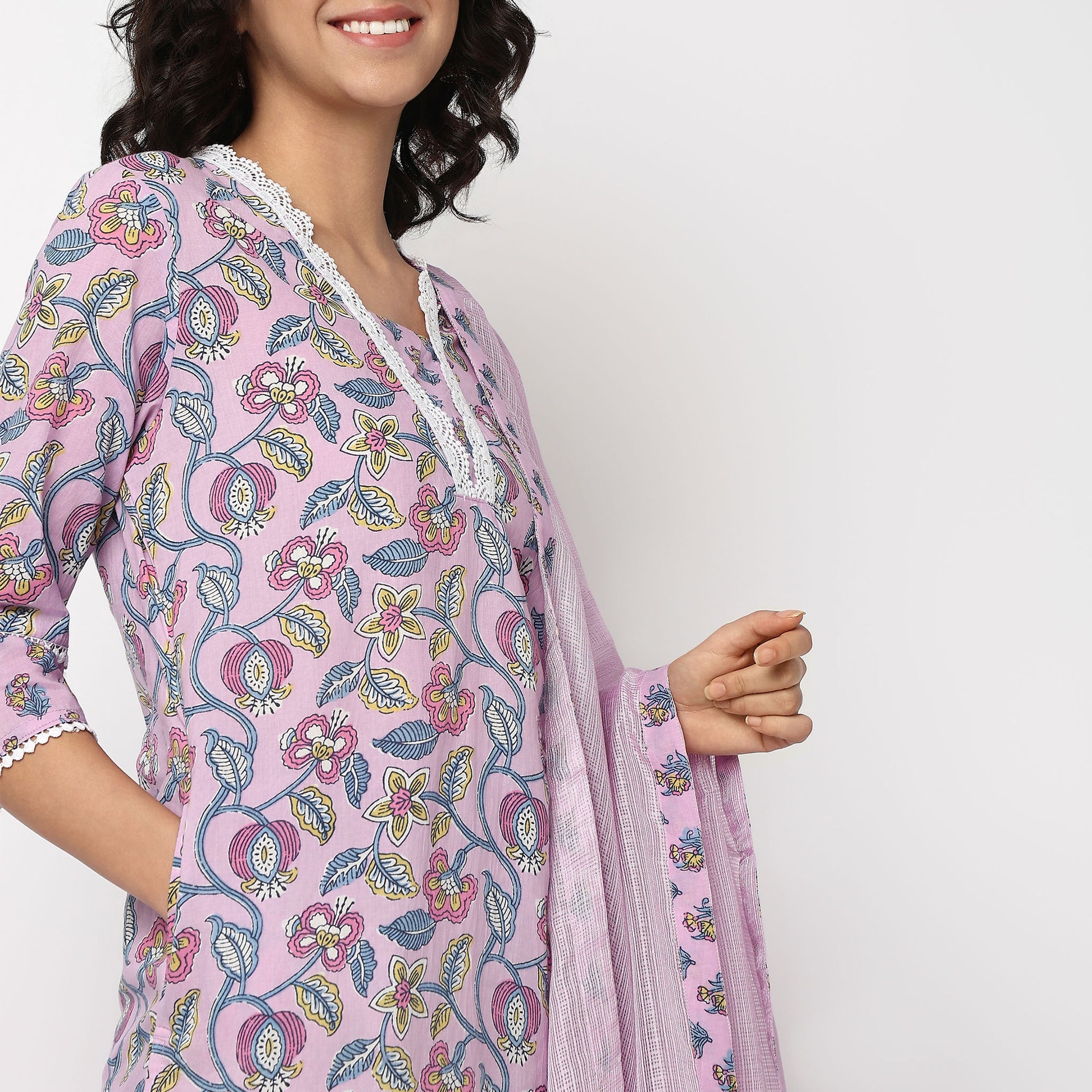 Buy Women Flare Fit Printed Three-Fourth Sleeve Kurta and Pant with Dupatta Set  - Style Union