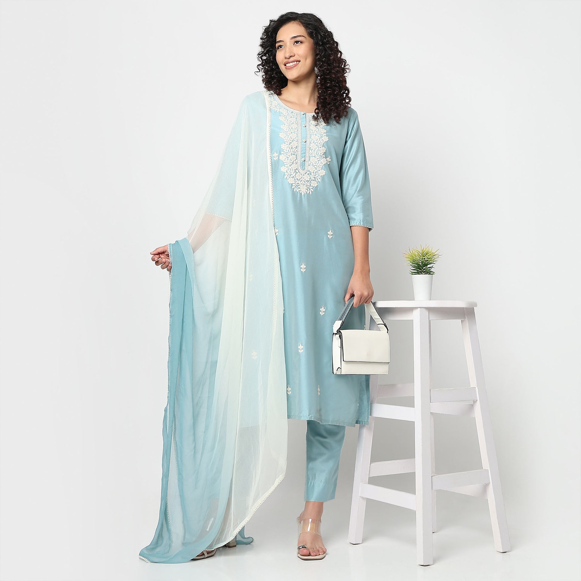 Straight Fit Embroidered Round Neck Kurta and Pant with Dupatta Set