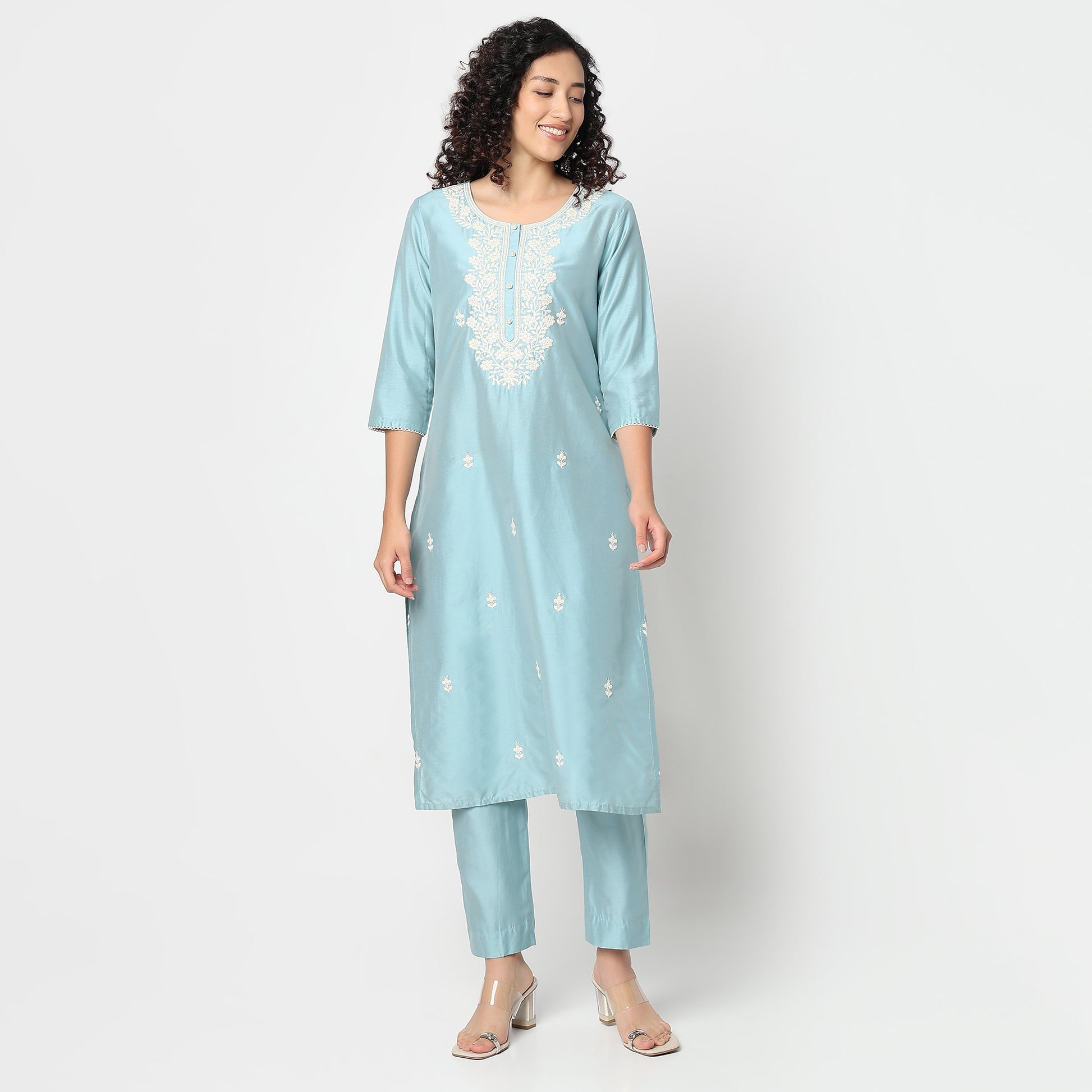Straight Fit Embroidered Round Neck Kurta and Pant with Dupatta Set