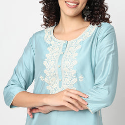 Straight Fit Embroidered Round Neck Kurta and Pant with Dupatta Set
