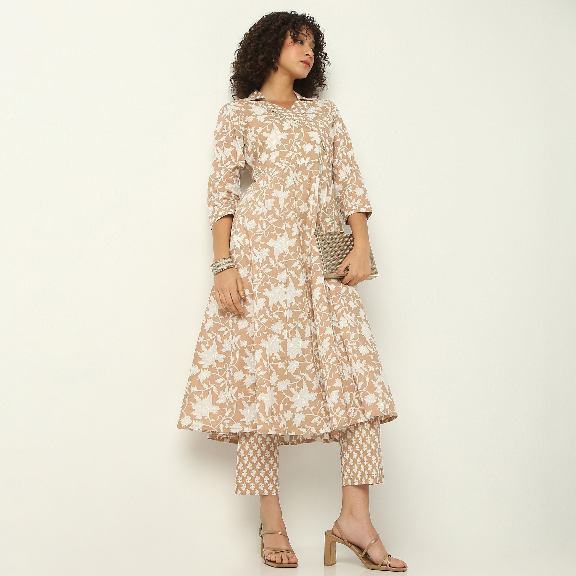 Flare Fit Printed Lapel Collar Kurta with Pant Set