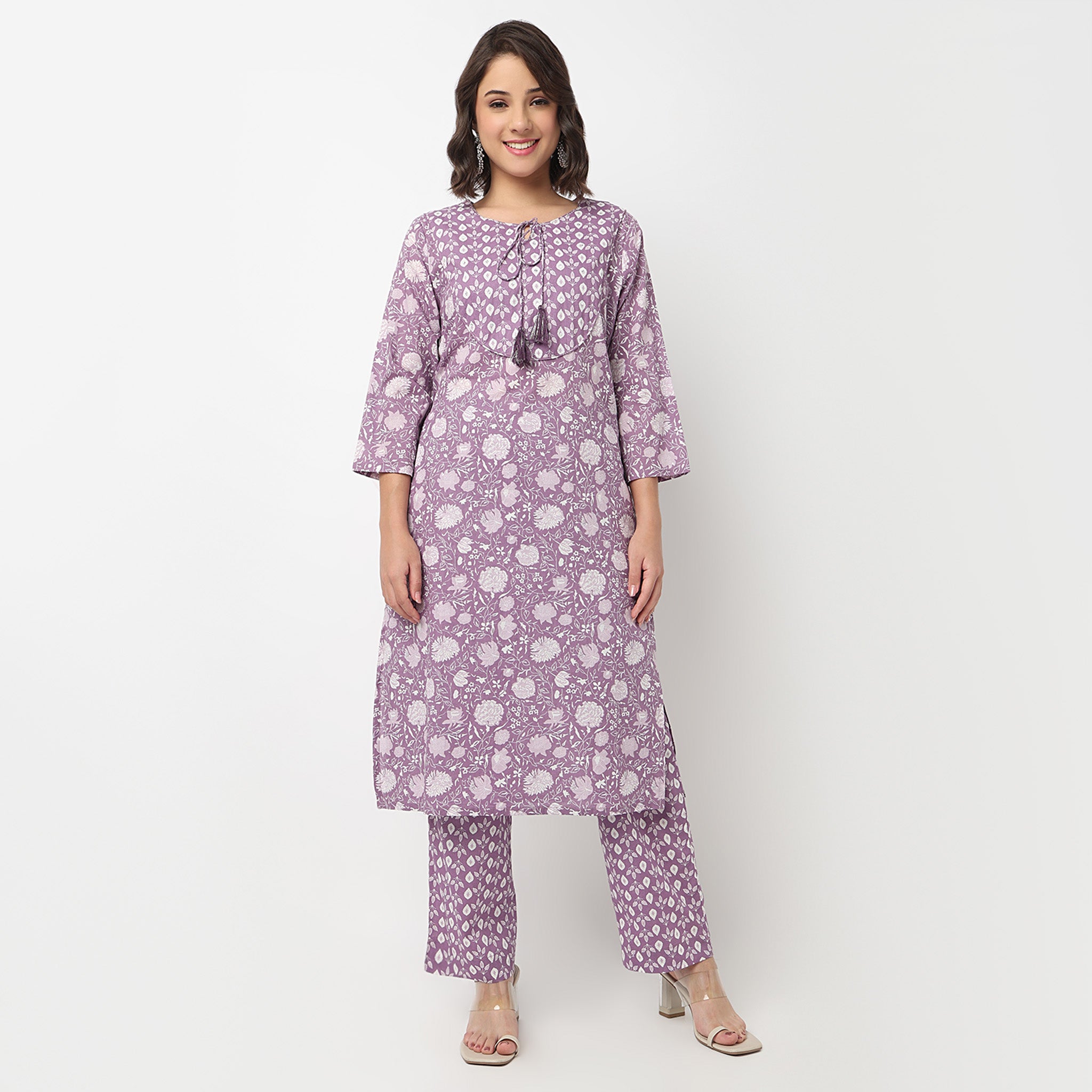 Cotton Printed Flared Kurta with Pant & with Dupatta Set