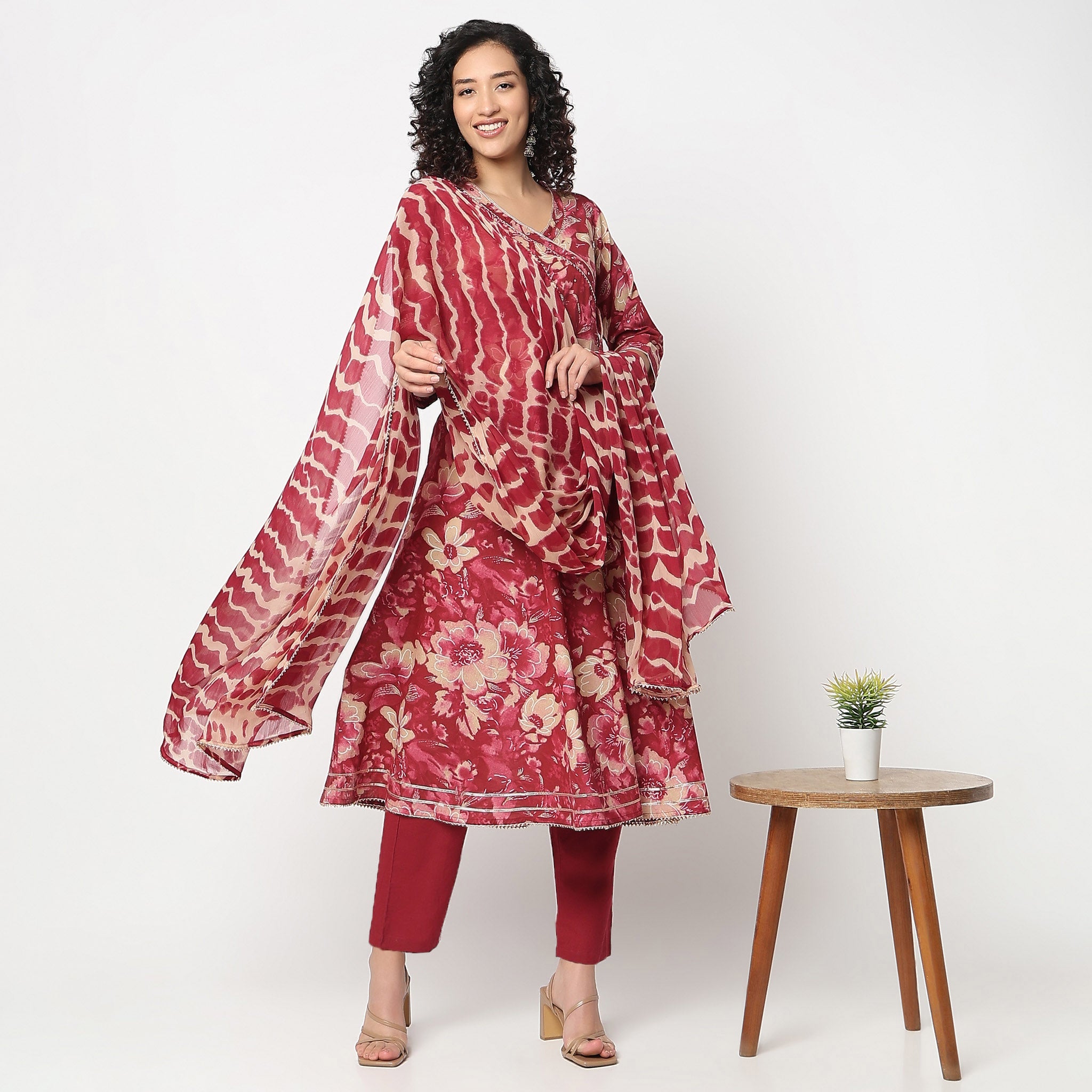 Flare Fit Printed V-Neck Kurta and Pant with Dupatta Set