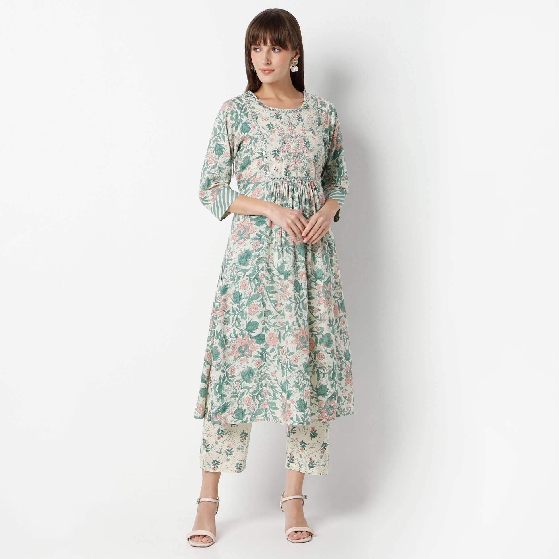 Flare Fit Printed Round Neck Kurta and Pant with Dupatta Set