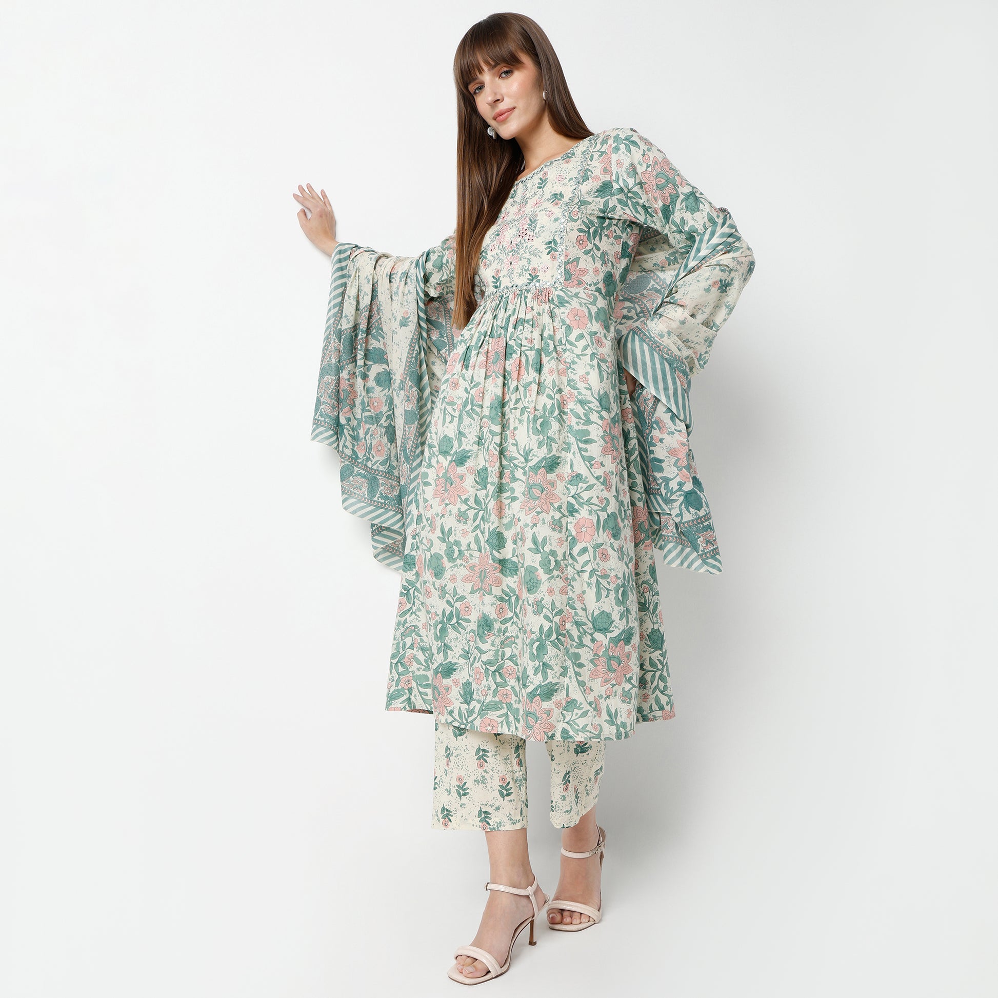 Flare Fit Printed Round Neck Kurta and Pant with Dupatta Set