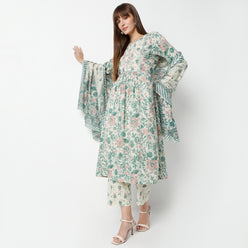 Flare Fit Printed Round Neck Kurta and Pant with Dupatta Set