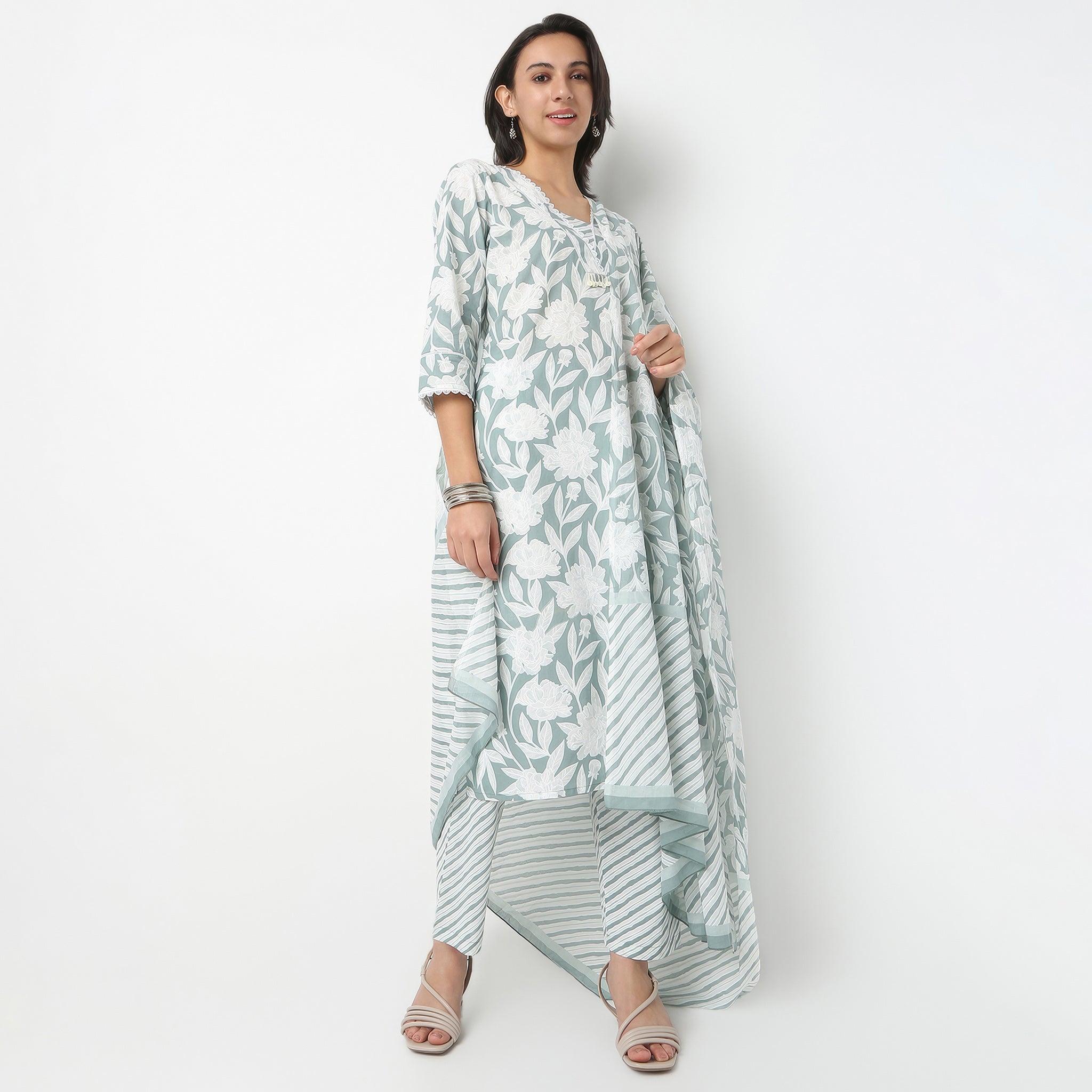 Straight Fit Printed V-Neck Kurta and Pant with Dupatta Set