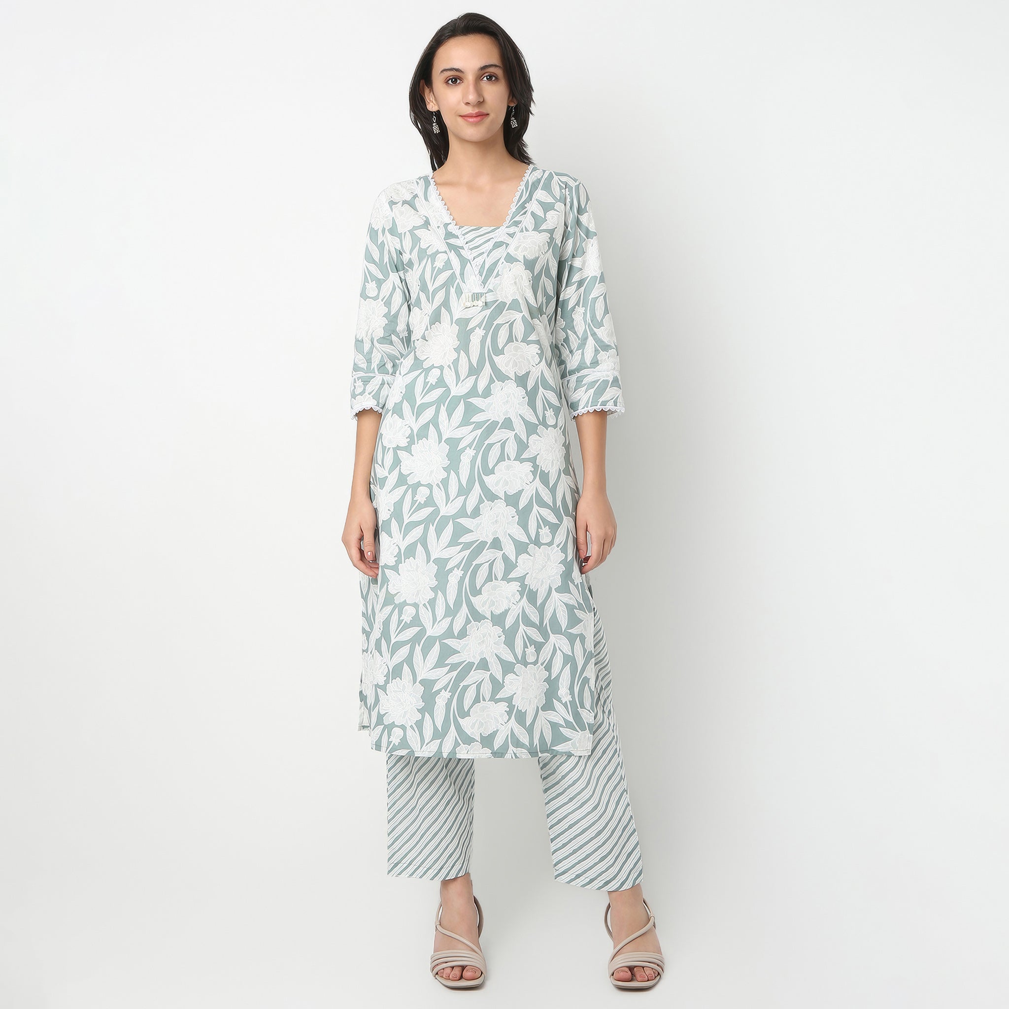 Straight Fit Printed V-Neck Kurta and Pant with Dupatta Set