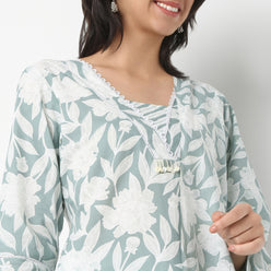 Straight Fit Printed V-Neck Kurta and Pant with Dupatta Set