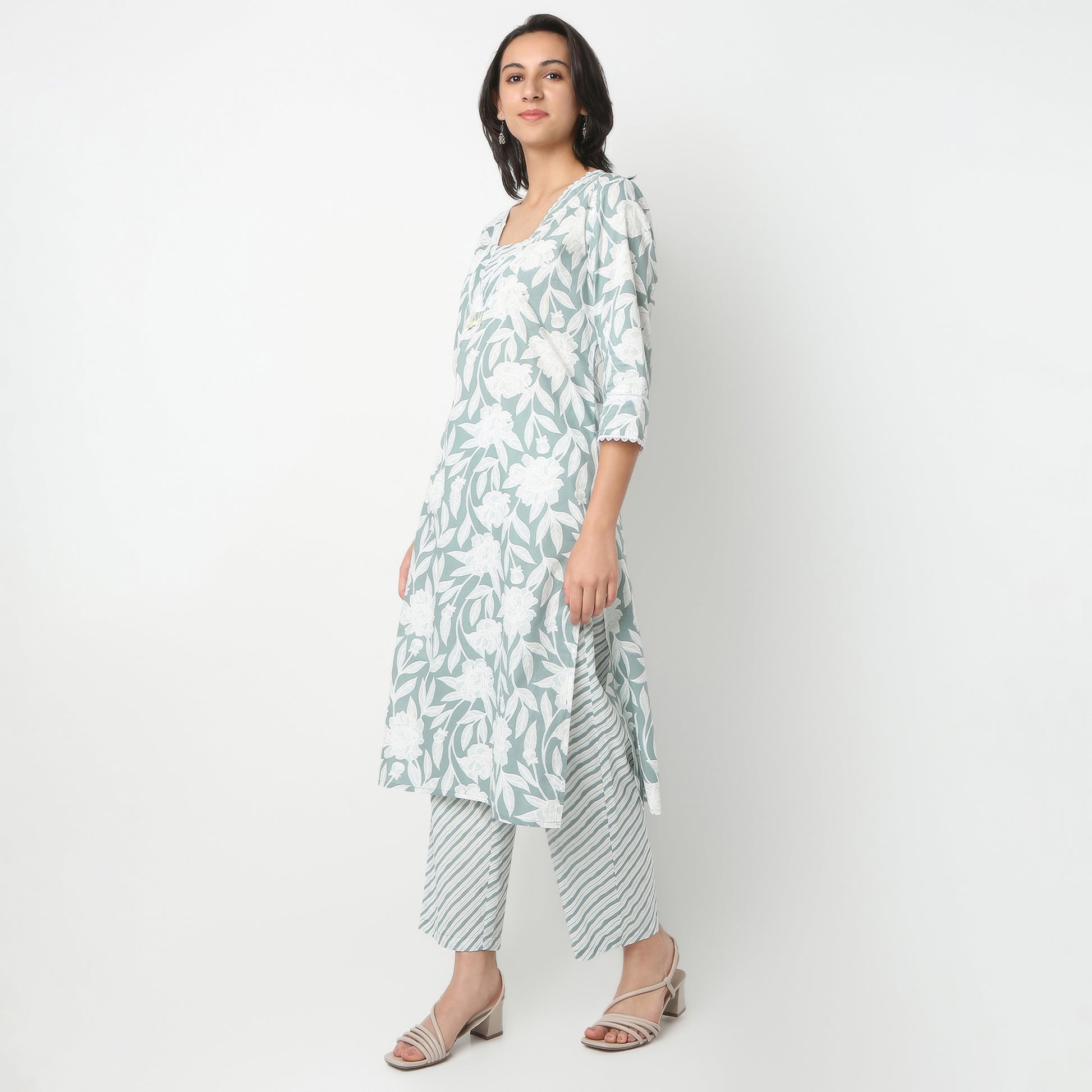 Straight Fit Printed V-Neck Kurta and Pant with Dupatta Set