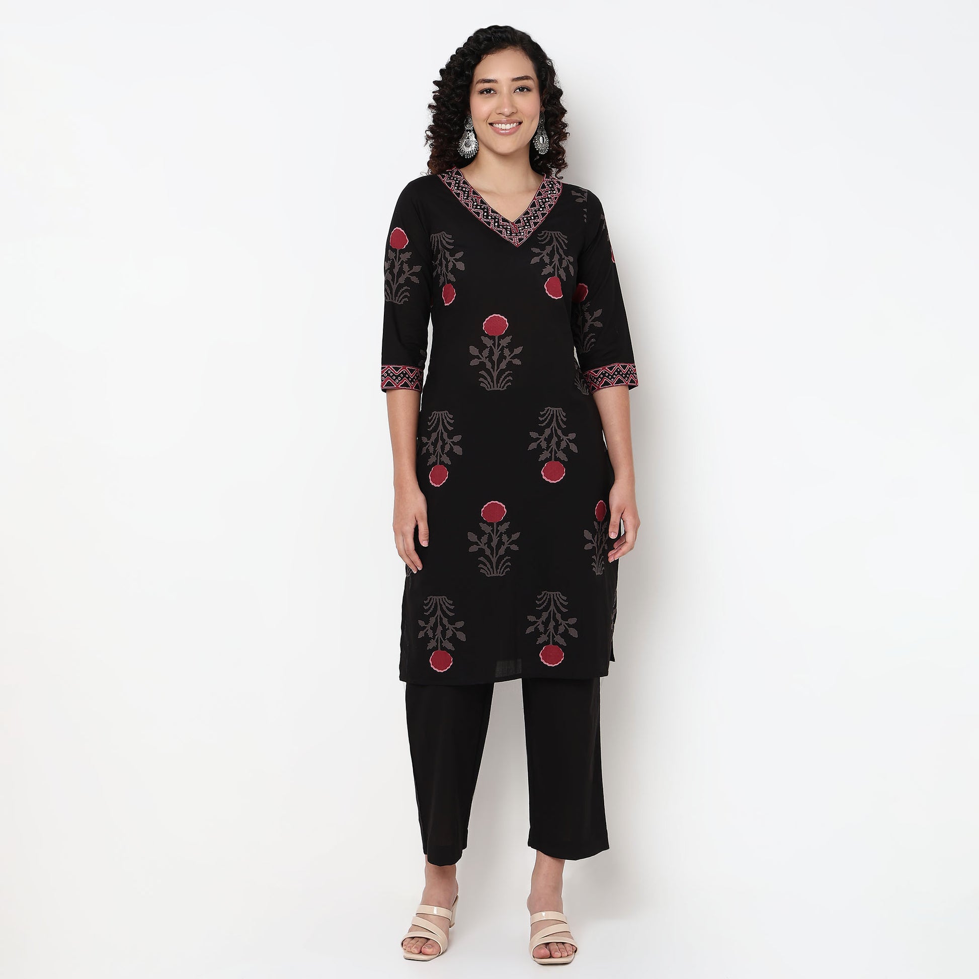 V-Neck Printed Straight Kurta and Pant with Dupatta Set