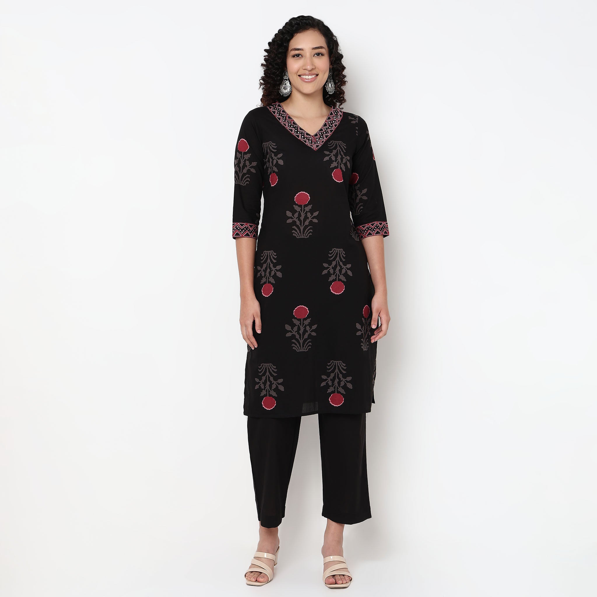 V-Neck Printed Straight Kurta and Pant with Dupatta Set
