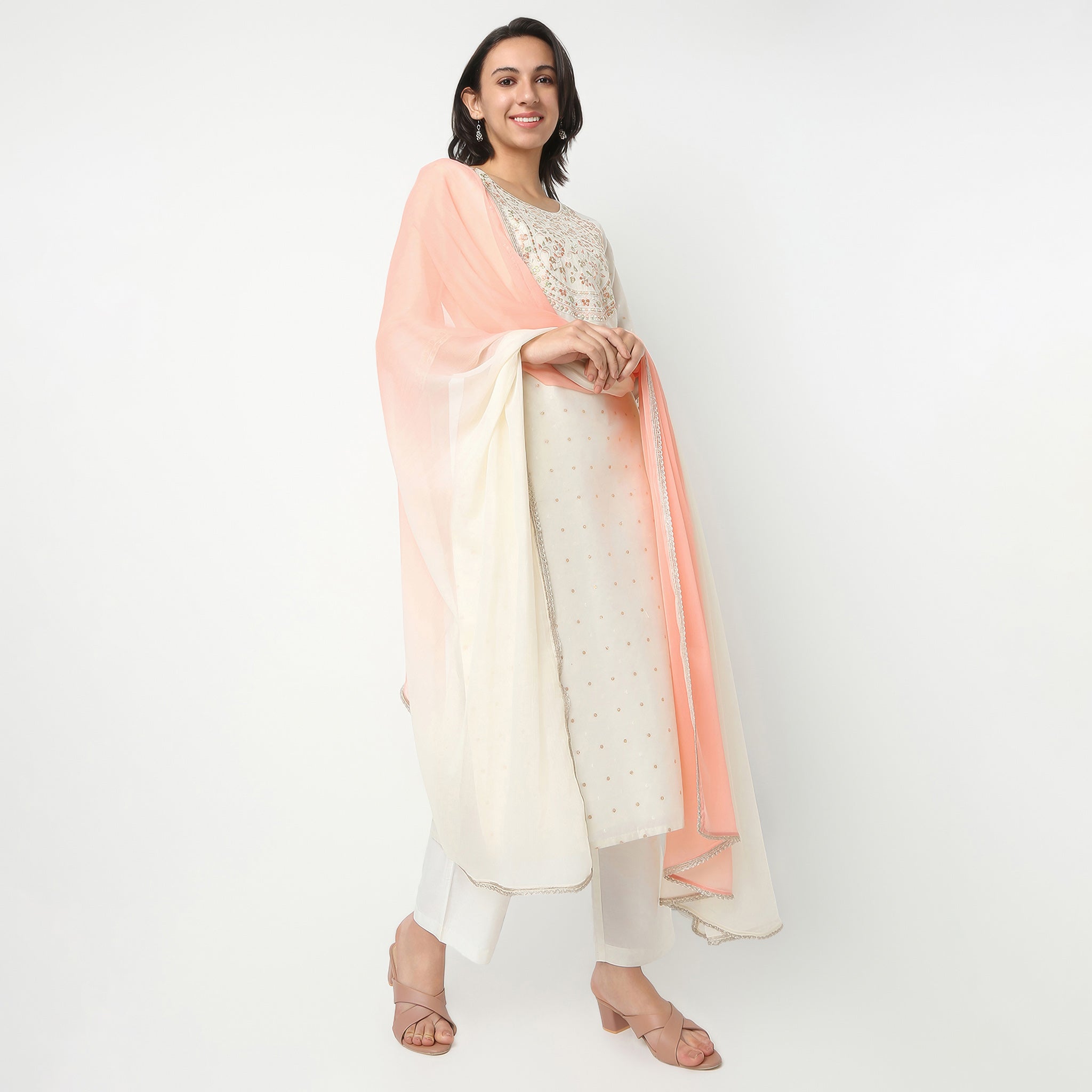 Straight Fit Embroidered Round Neck Kurta and Pant with Dupatta Set