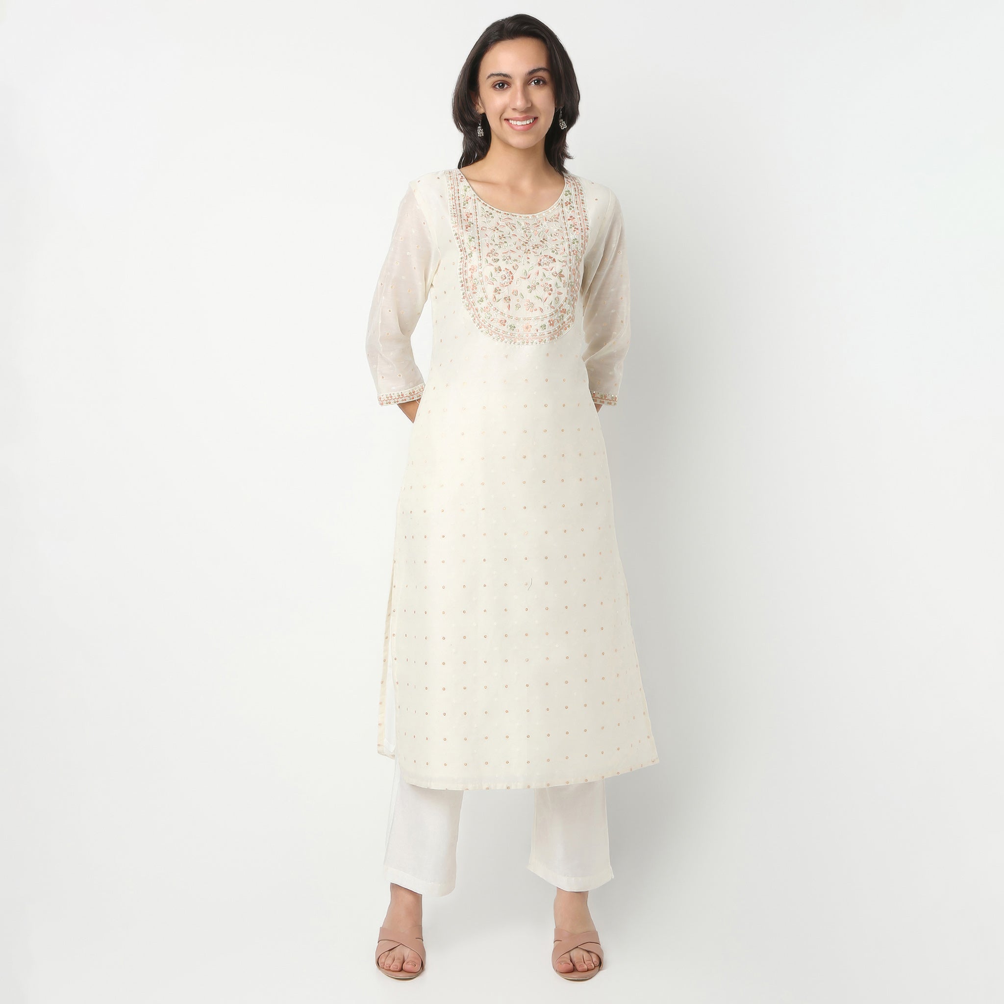 Straight Fit Embroidered Round Neck Kurta and Pant with Dupatta Set