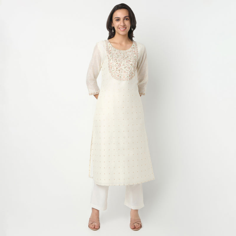 Straight Fit Embroidered Round Neck Kurta and Pant with Dupatta Set