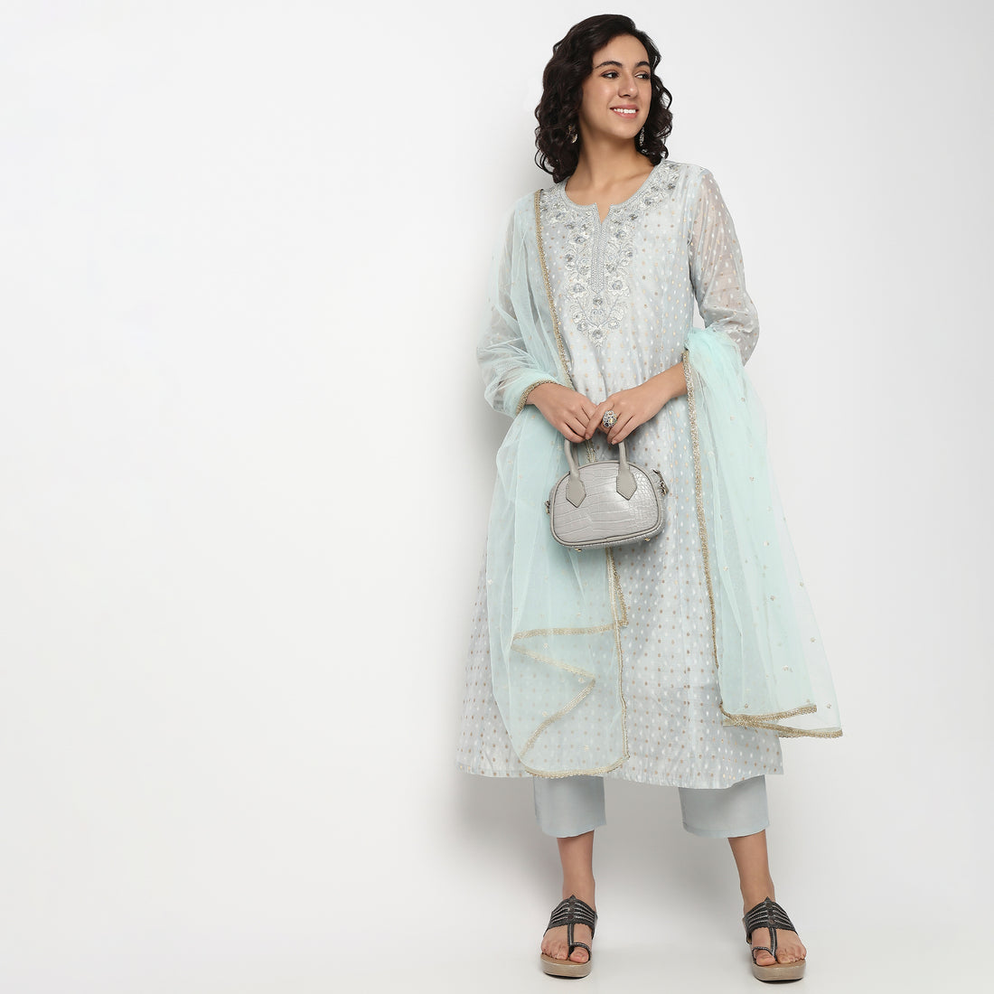 Buy Women Straight Fit Embroidered Three-Fourth Sleeve Kurta and Pant with Dupatta Set  - Style Union
