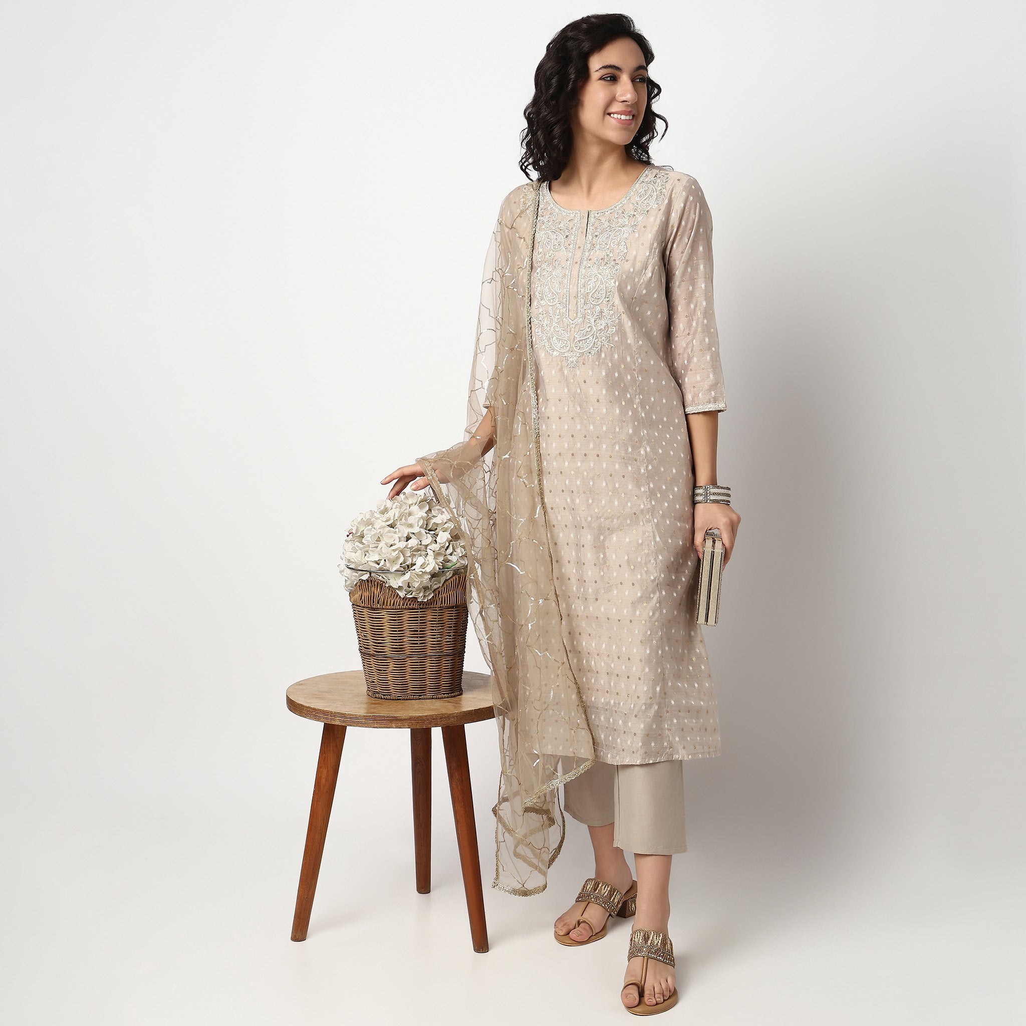 Buy Women Straight Fit Embroidered Three-Fourth Sleeve Kurta and Pant with Dupatta Set  - Style Union