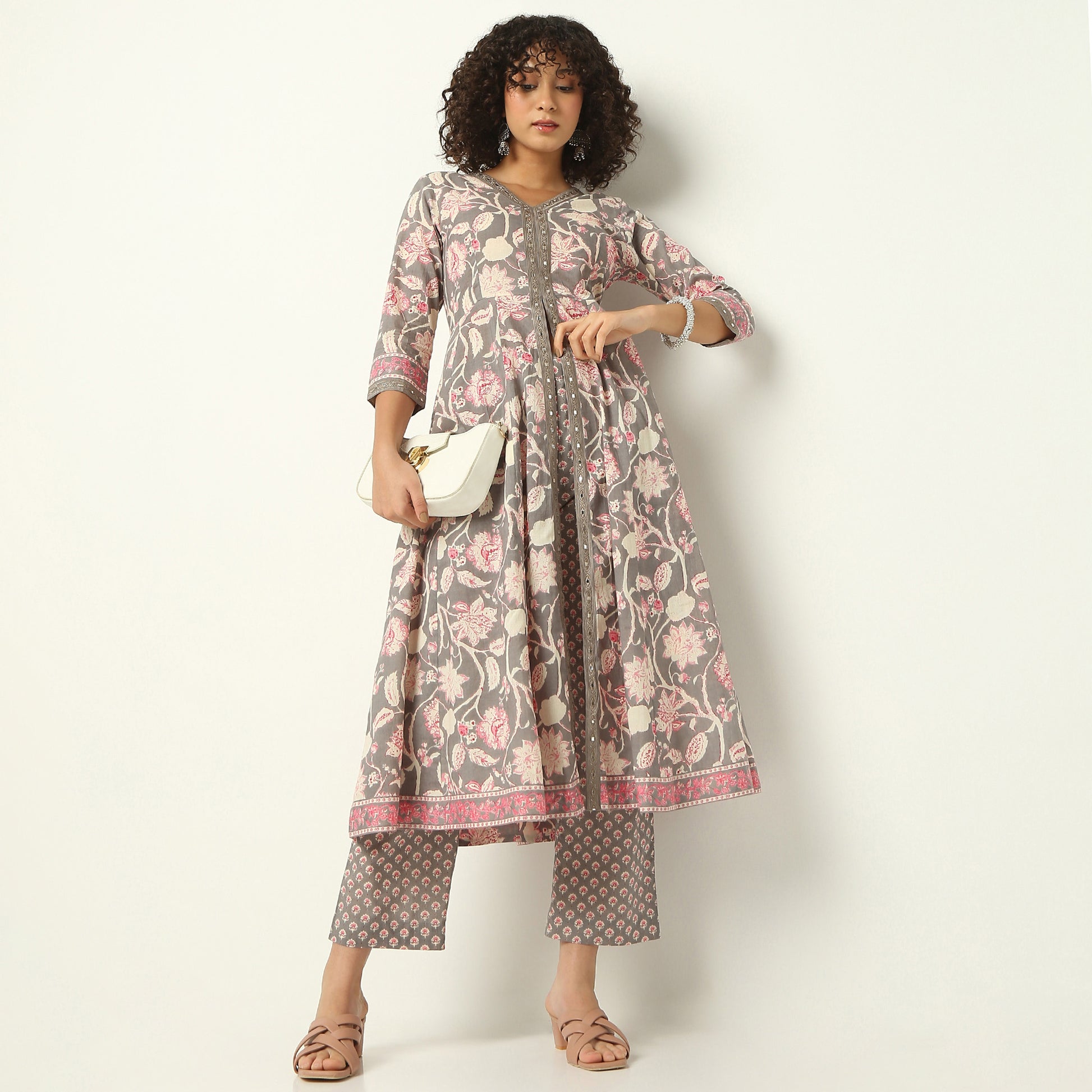 Flare Fit Printed V-Neck Kurta with Pant Set