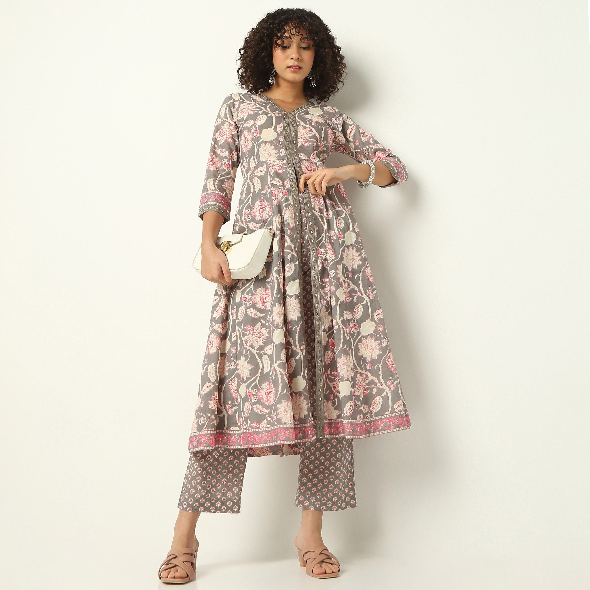 Flare Fit Printed V-Neck Kurta with Pant Set