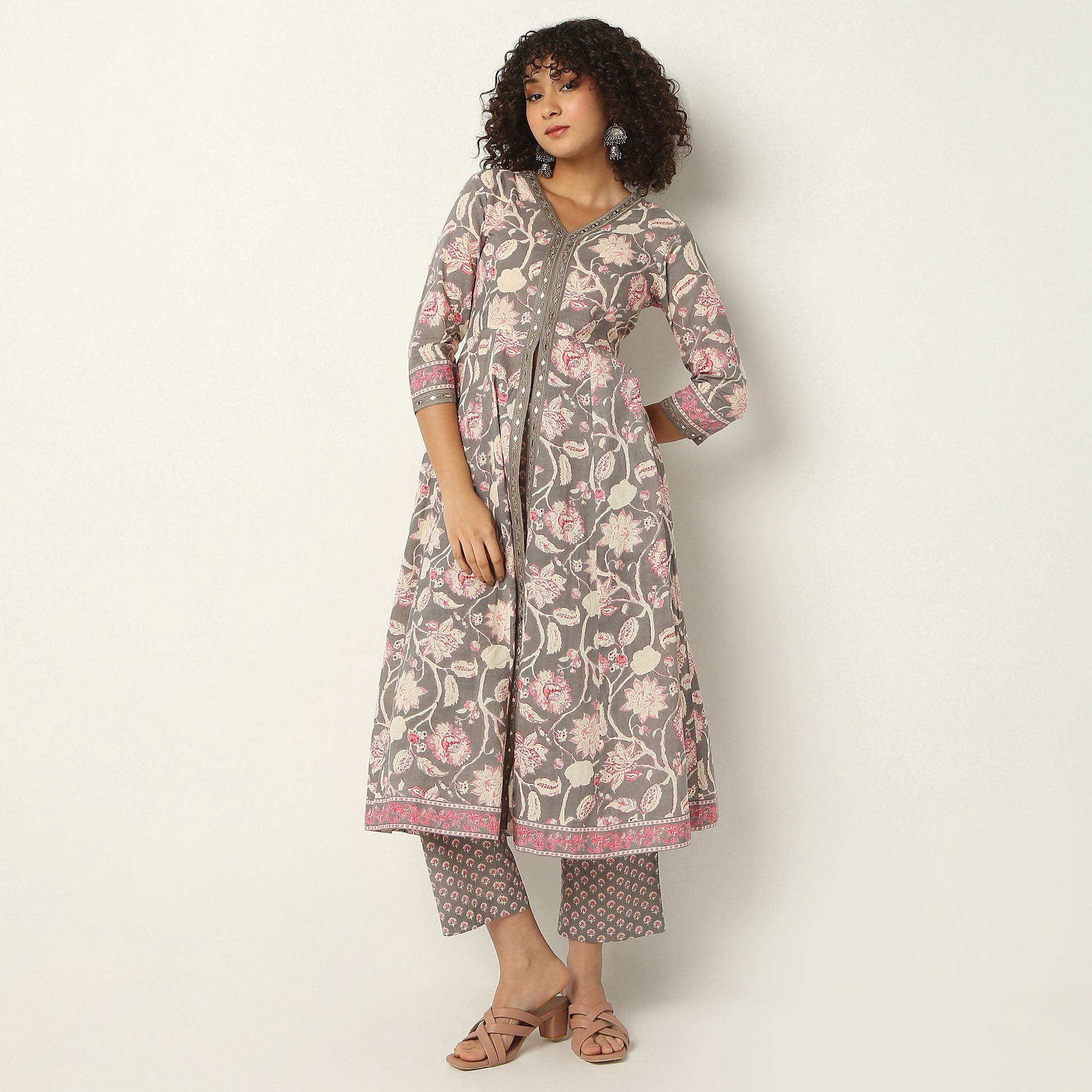 Flare Fit Printed V-Neck Kurta with Pant Set