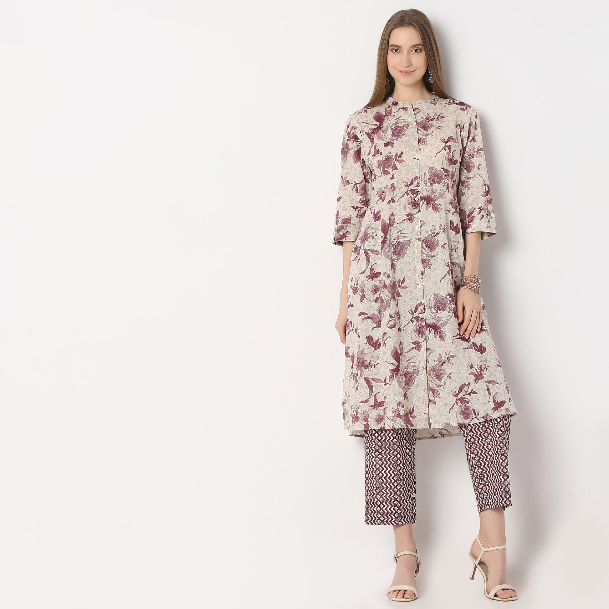 Flare Fit Printed Band Neck Kurta and Pant with Dupatta Set