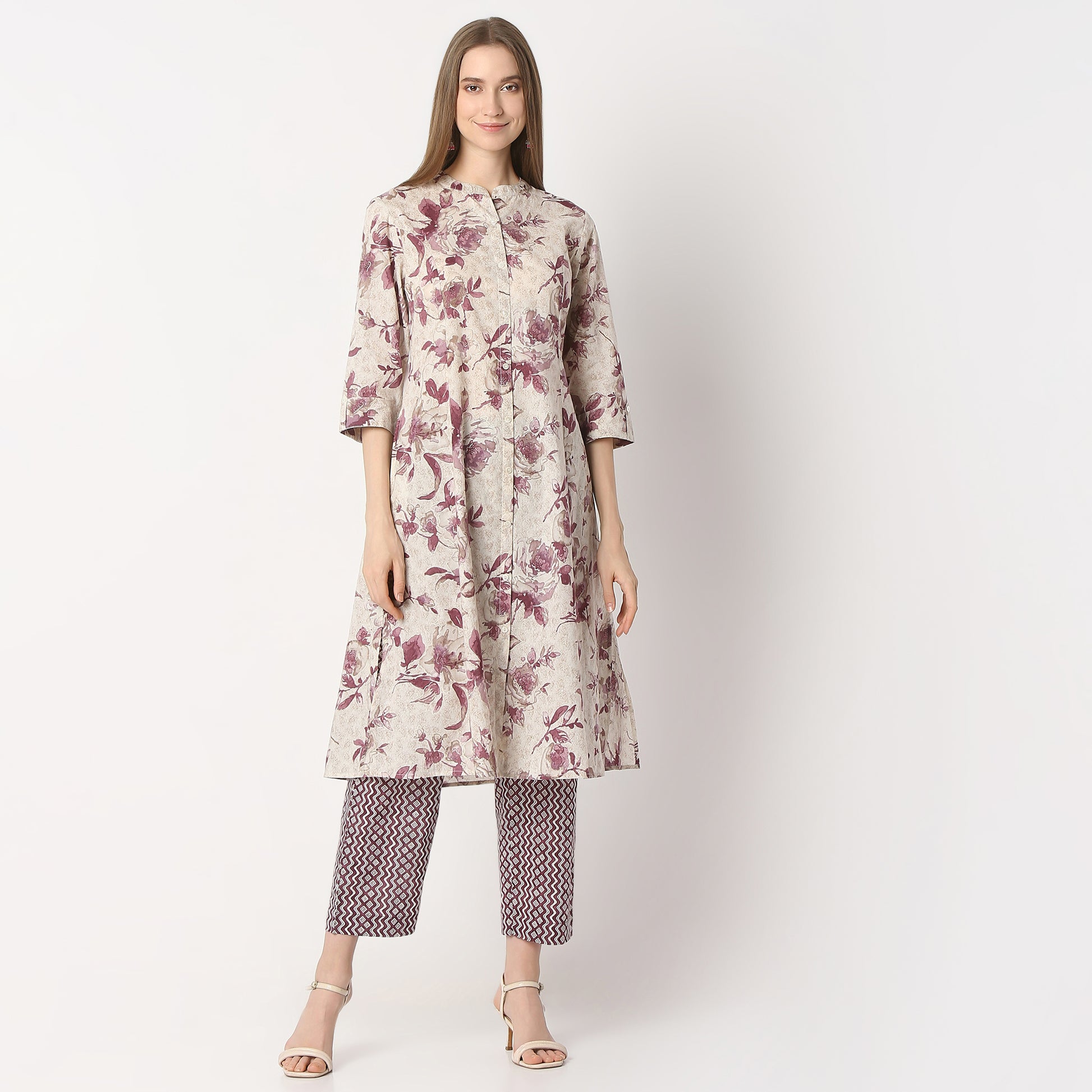 Flare Fit Printed Band Neck Kurta and Pant with Dupatta Set