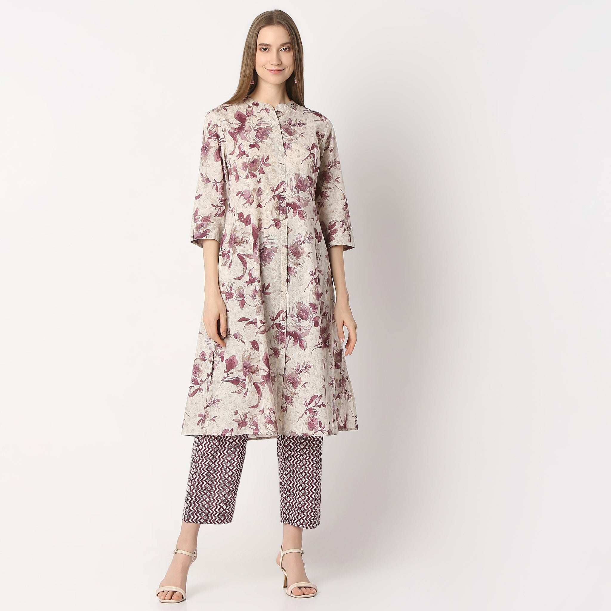 Flare Fit Printed Band Neck Kurta and Pant with Dupatta Set