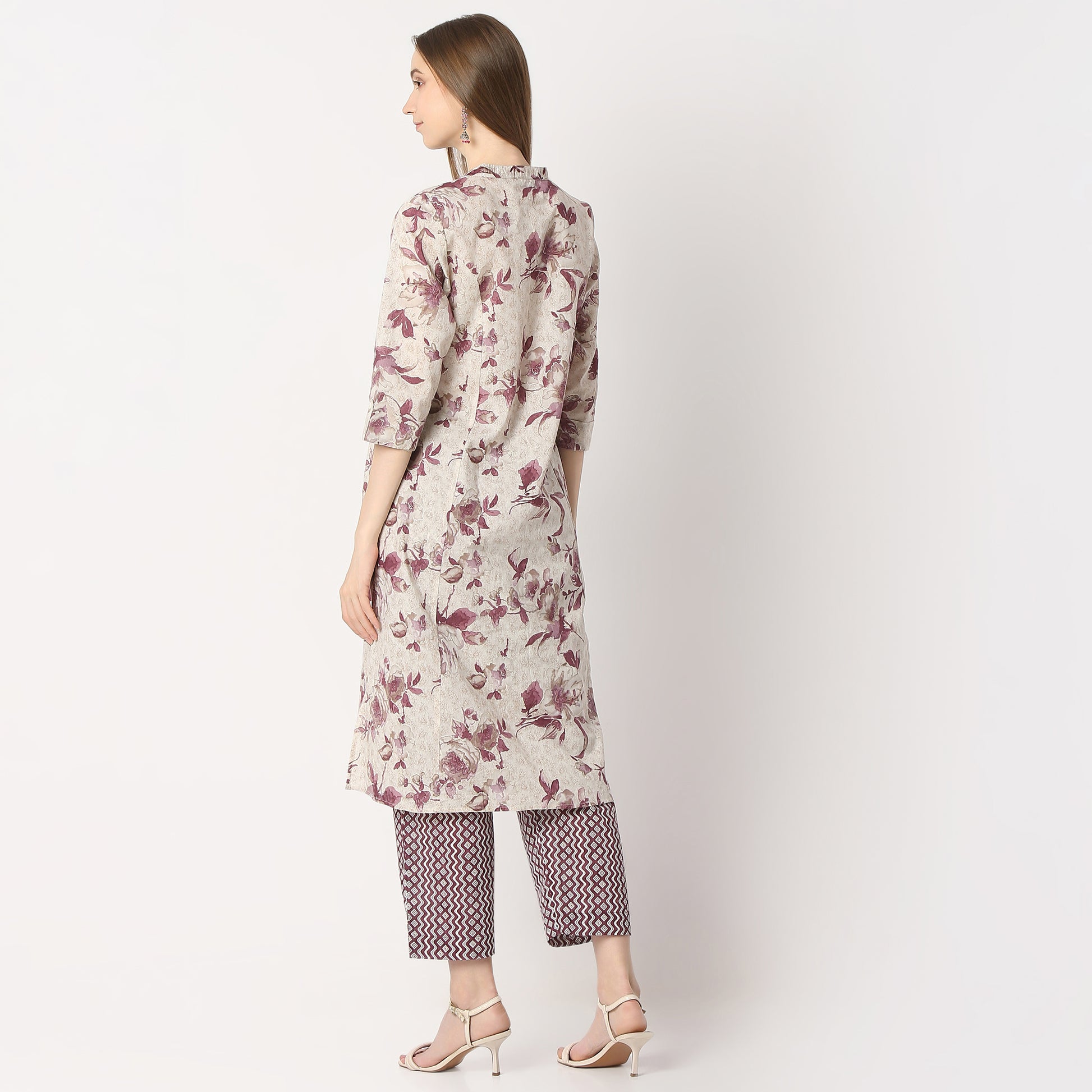 Flare Fit Printed Band Neck Kurta and Pant with Dupatta Set