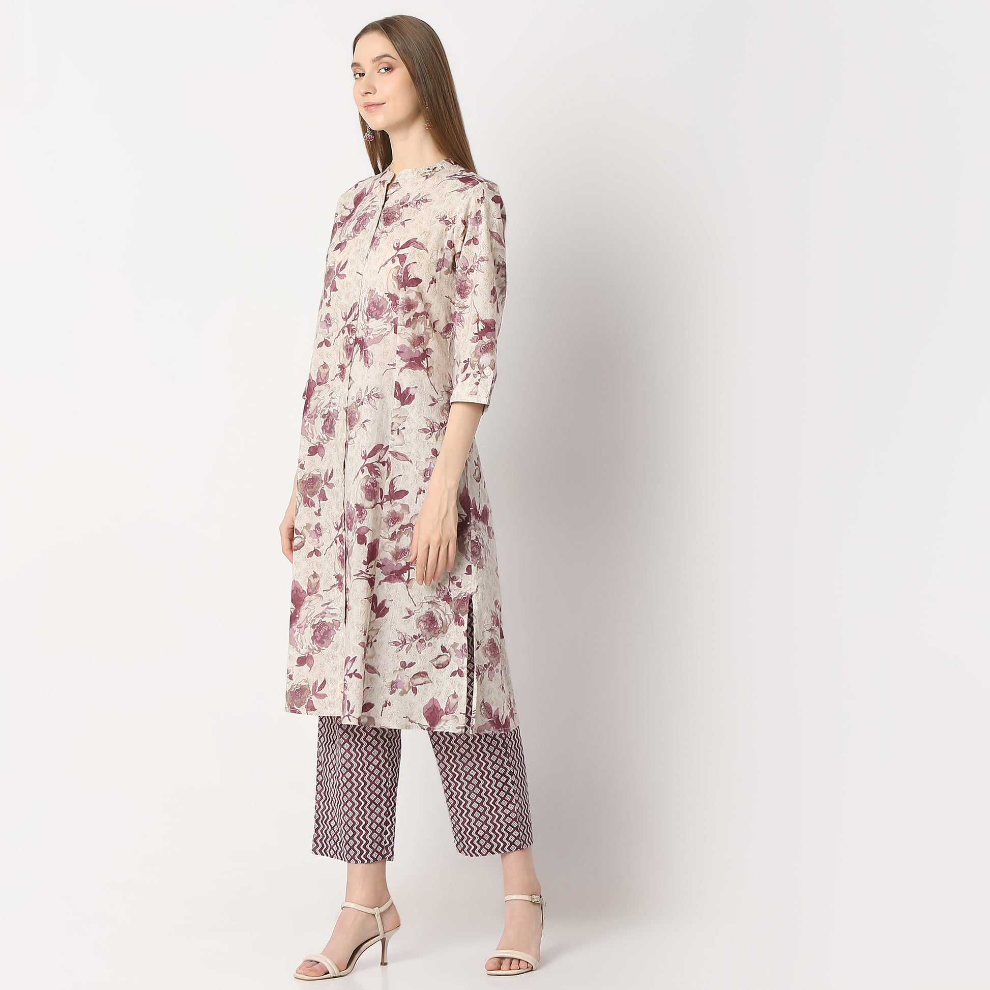 Flare Fit Printed Band Neck Kurta and Pant with Dupatta Set
