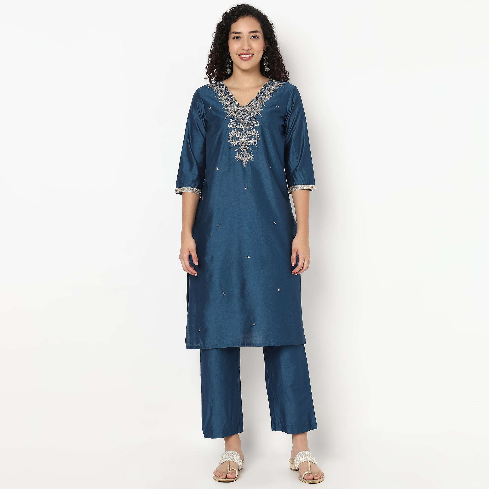 V-Neck Embroidered Kurta and Pant With Dupatta Set