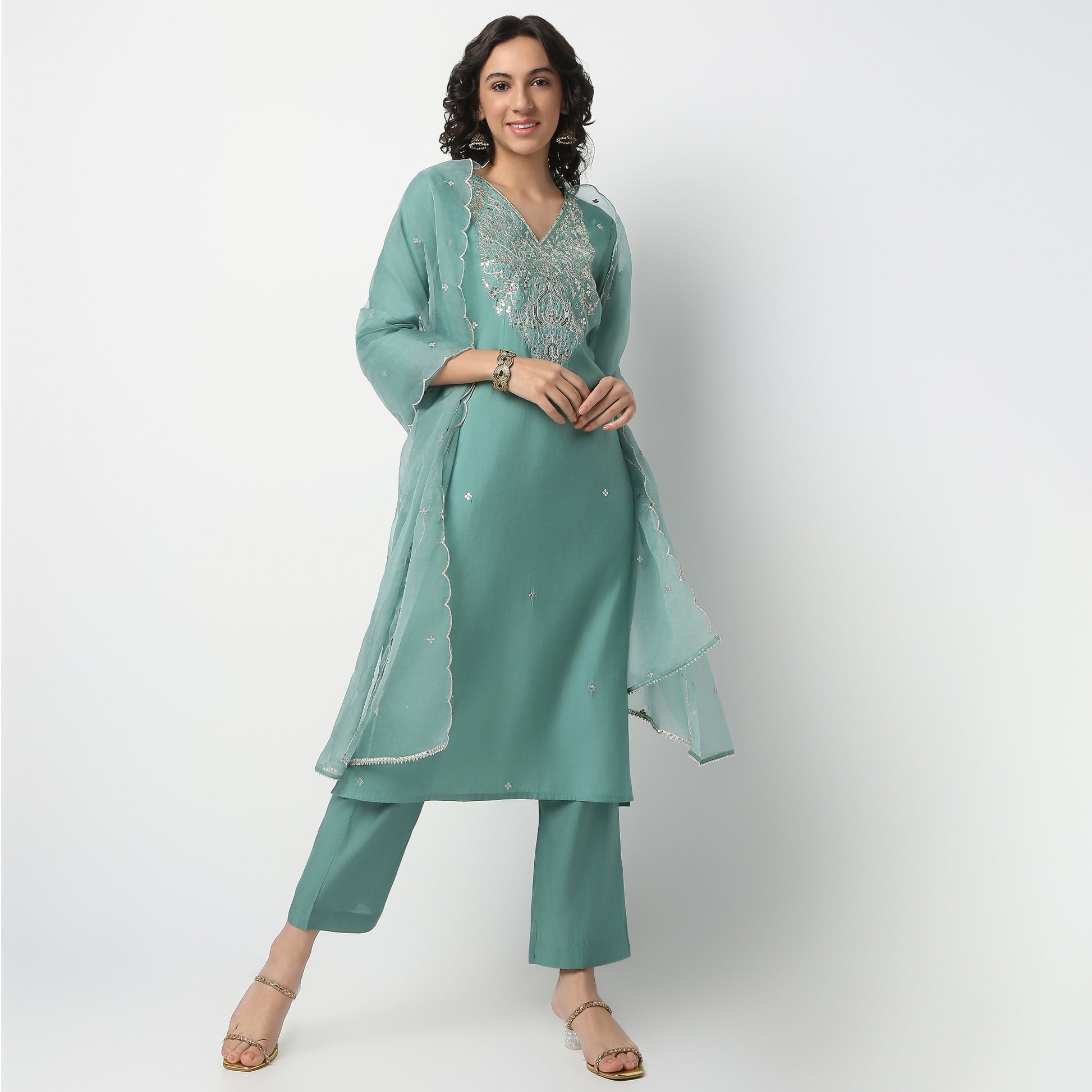 Straight Fit Embellished V-Neck Kurta and Pant with Dupatta Set